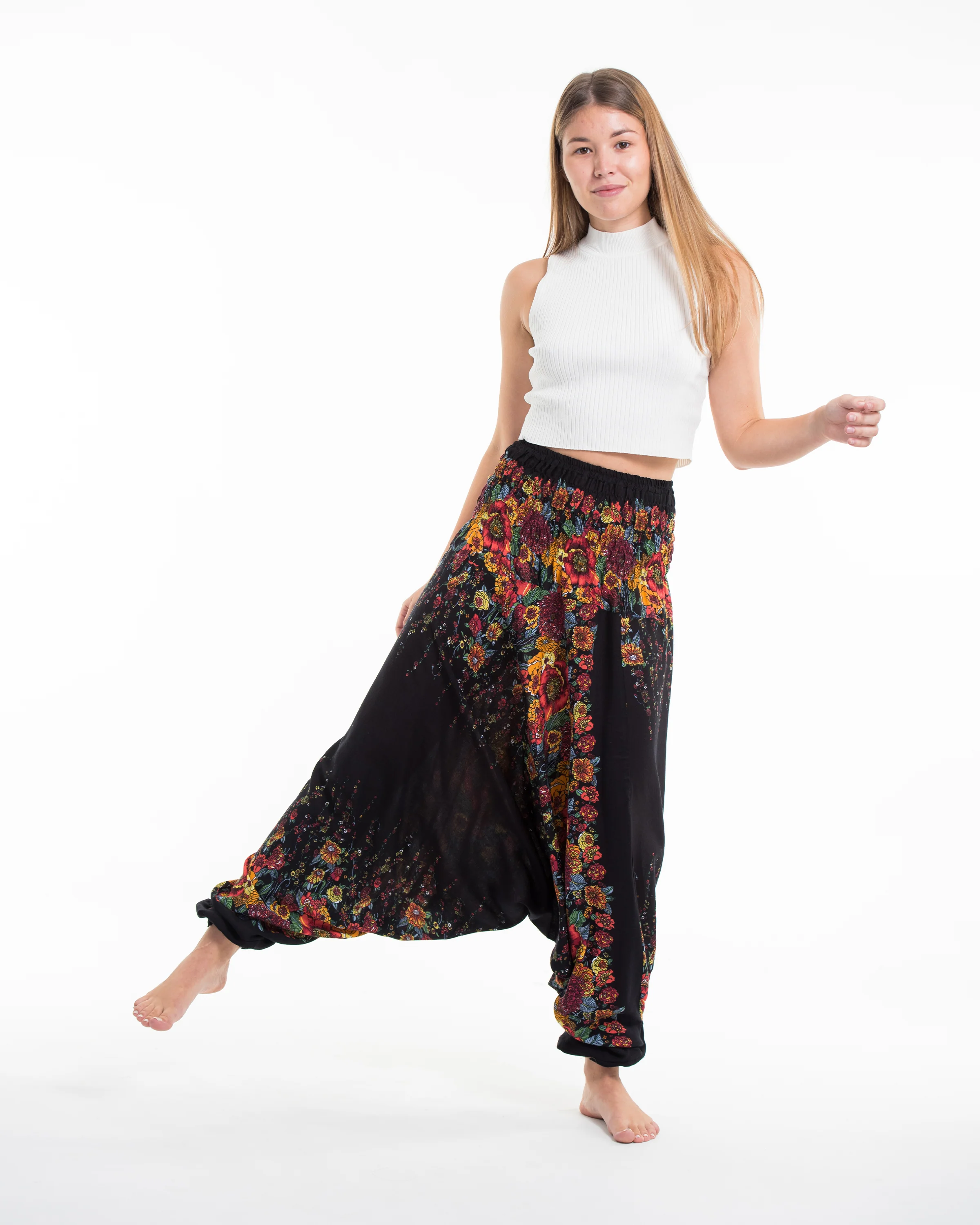 Floral 2-in-1 Jumpsuit Harem Pants in Black