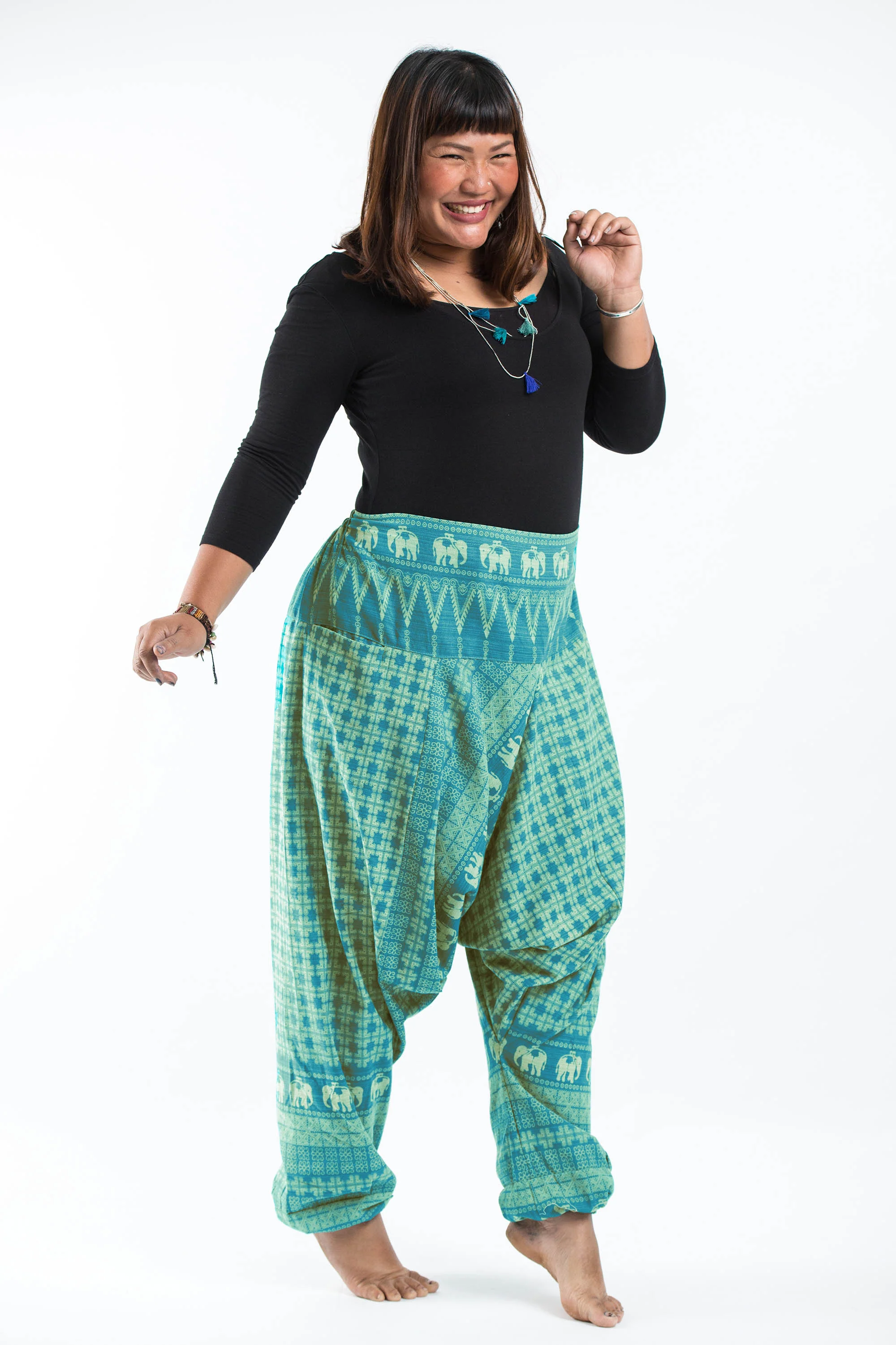 1579-Plus-Size-Hill-Tribe-Elephant-Women-s-Elephant-Pants-in-Turquoise-3.webp Plus Size Hill Tribe Elephant Women's Elephant Pants in Turquoise