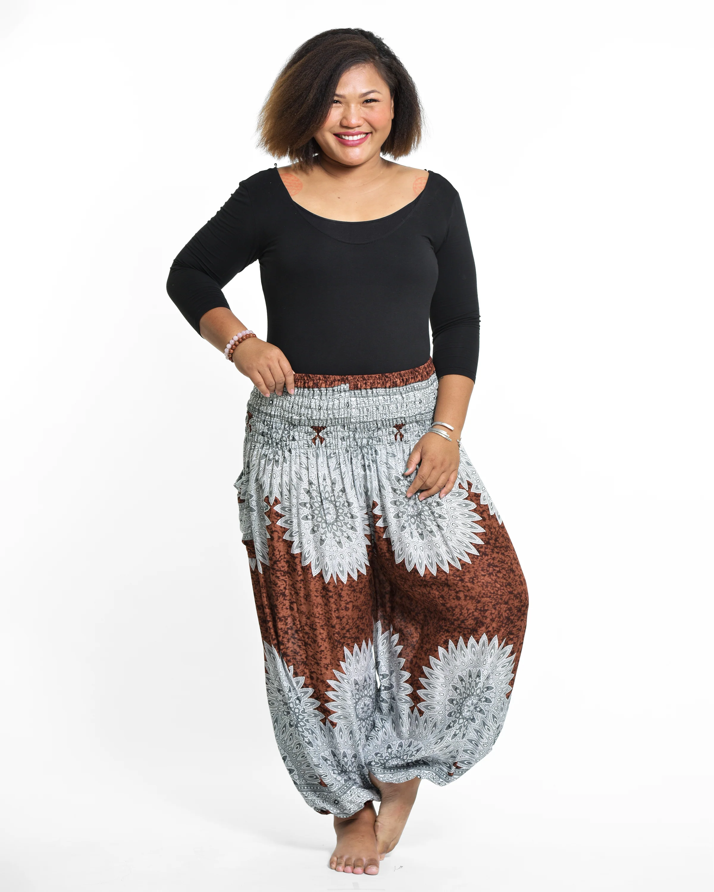 Plus Size Marble Mandalas Women's Harem Pants in Brown