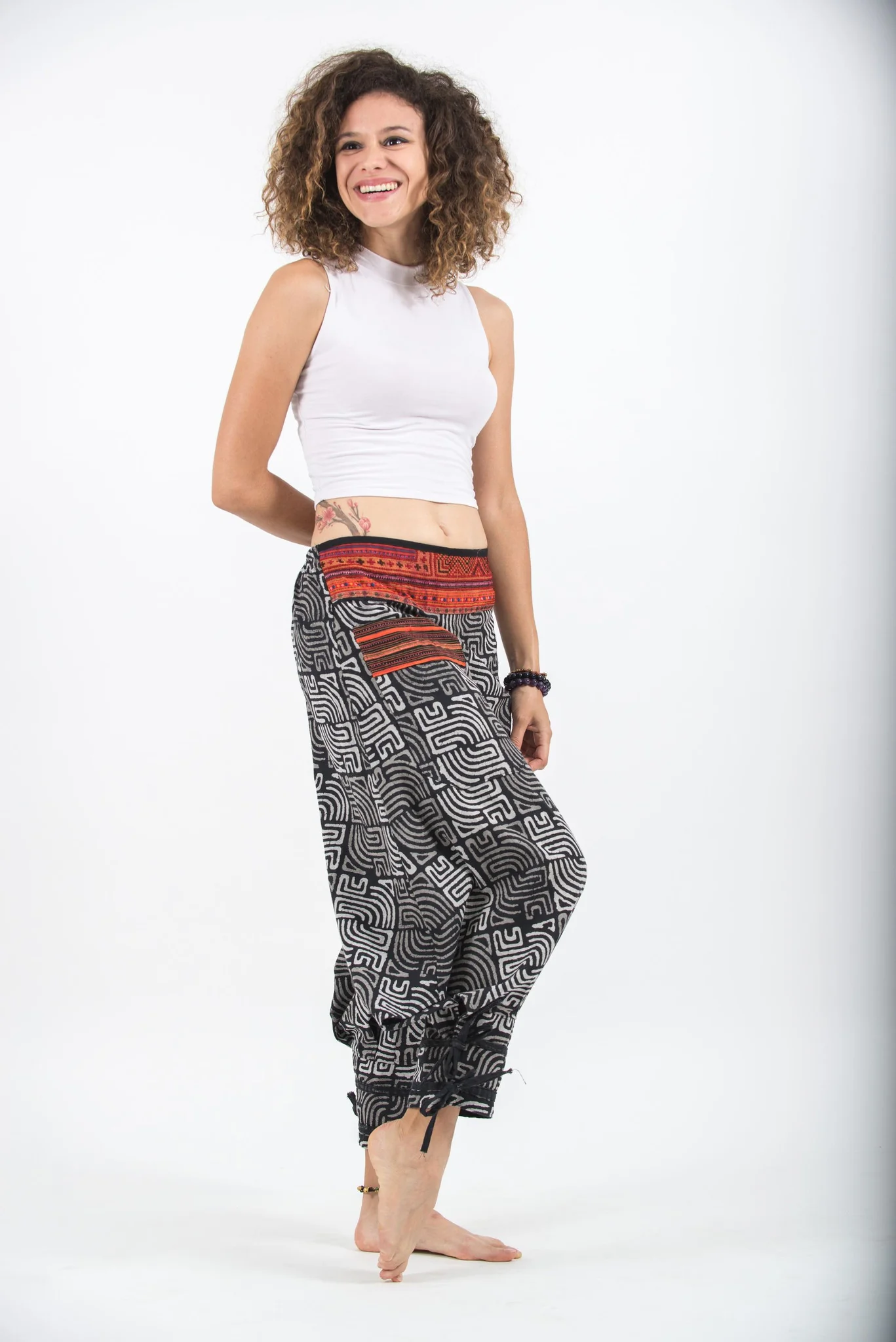 1584-Maze-Prints-Thai-Hill-Tribe-Fabric-Women-s-Harem-Pants-with-Ankle-Straps-in-Black-3.webp Maze Prints Thai Hill Tribe Fabric Women's Harem Pants with Ankle Straps in Black