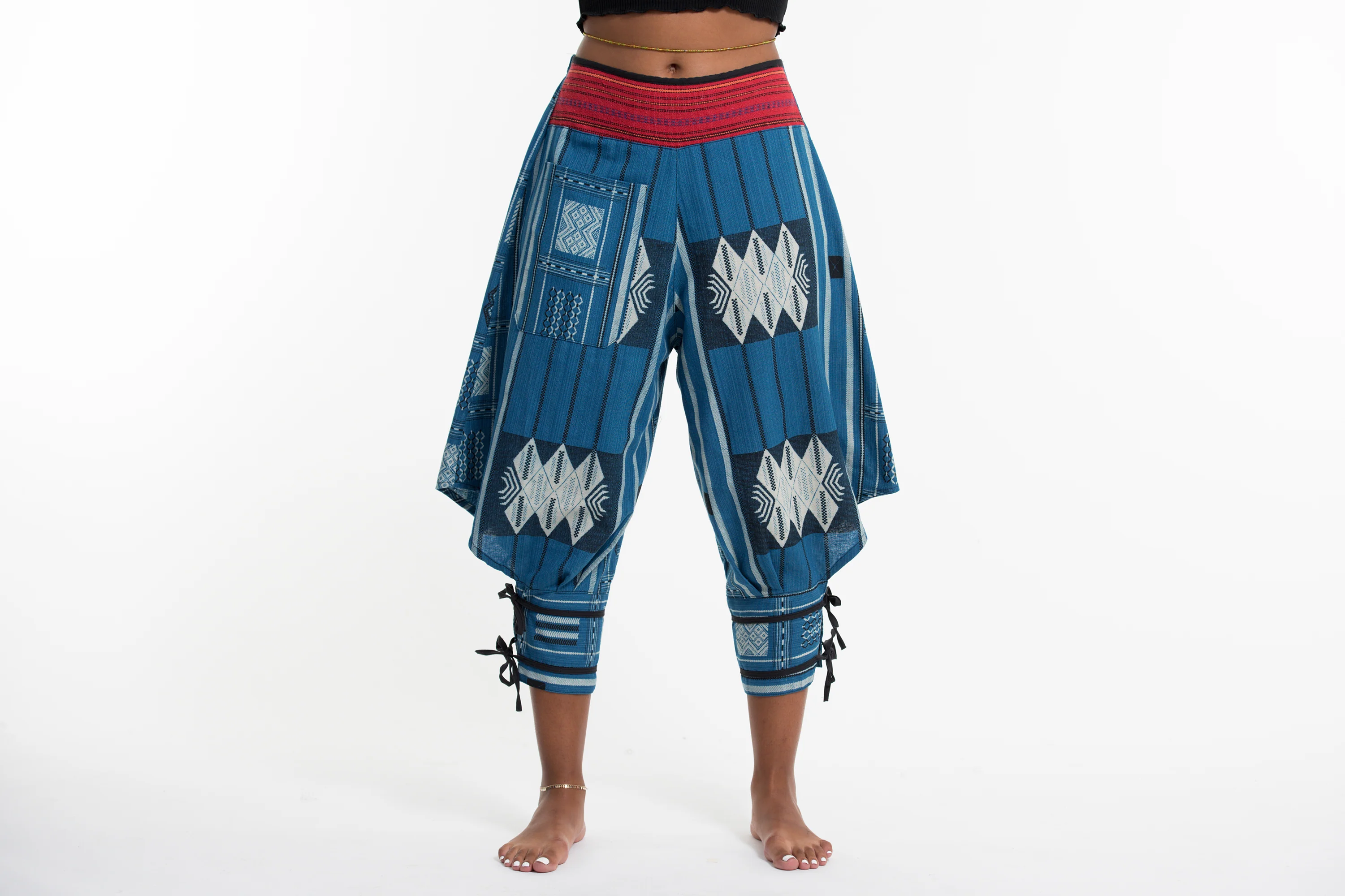 1585-Thai-Hill-Tribe-Fabric-Women-s-Harem-Pants-with-Ankle-Straps-in-Blue-2.webp Thai Hill Tribe Fabric Women's Harem Pants with Ankle Straps in Blue