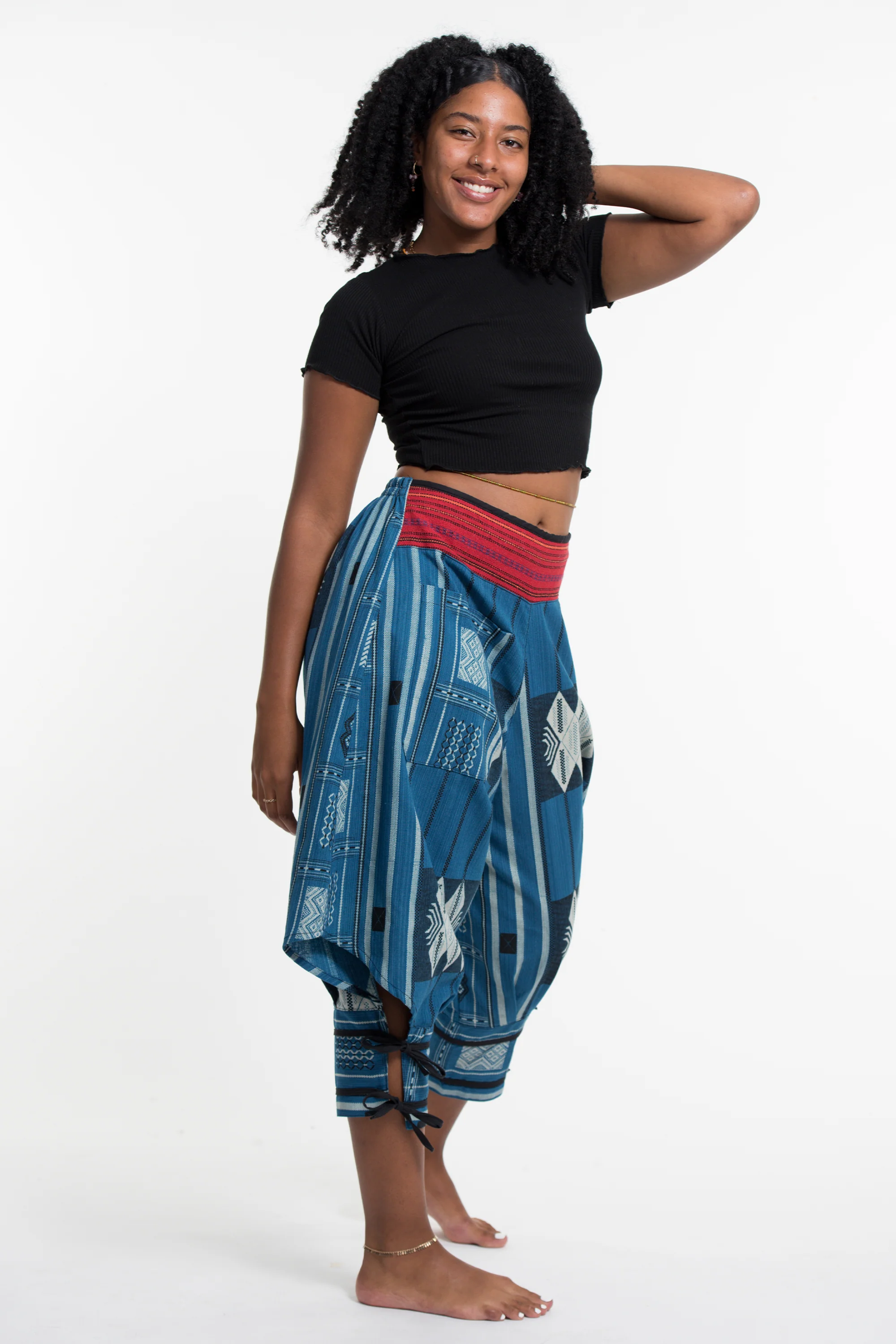 1585-Thai-Hill-Tribe-Fabric-Women-s-Harem-Pants-with-Ankle-Straps-in-Blue-3.webp Thai Hill Tribe Fabric Women's Harem Pants with Ankle Straps in Blue