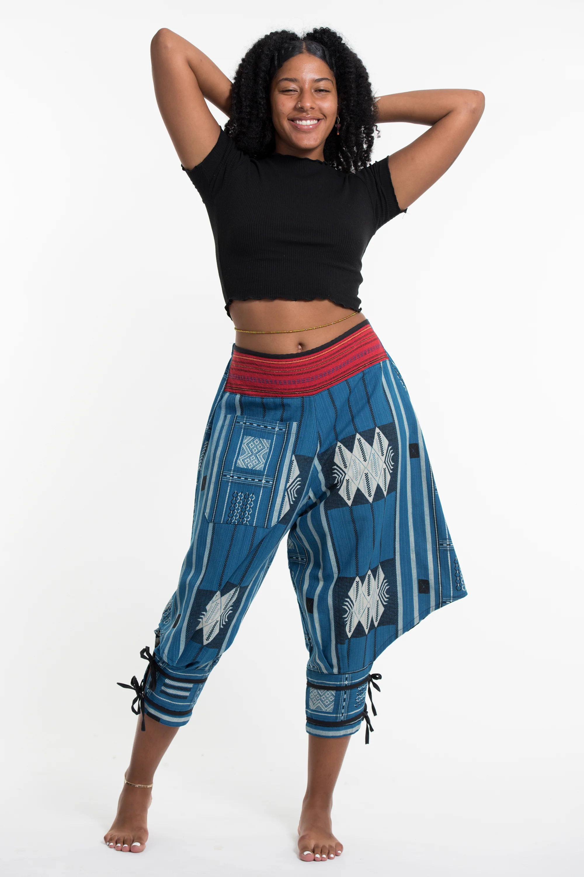 1585-Thai-Hill-Tribe-Fabric-Women-s-Harem-Pants-with-Ankle-Straps-in-Blue-4.webp Thai Hill Tribe Fabric Women's Harem Pants with Ankle Straps in Blue