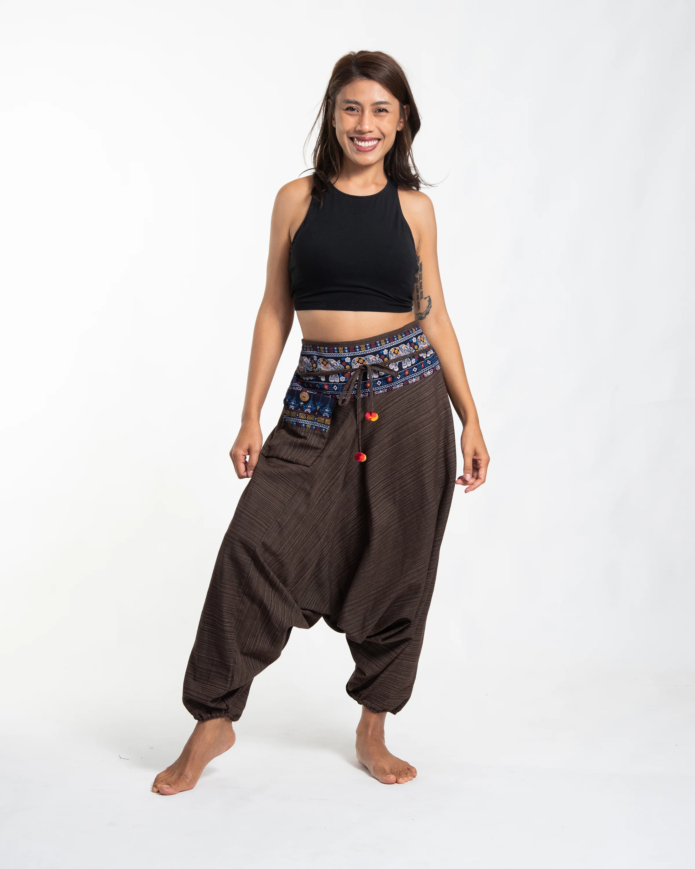 Pinstripe Cotton Low Cut Women's Harem Pants with Elephant Trim in Brown