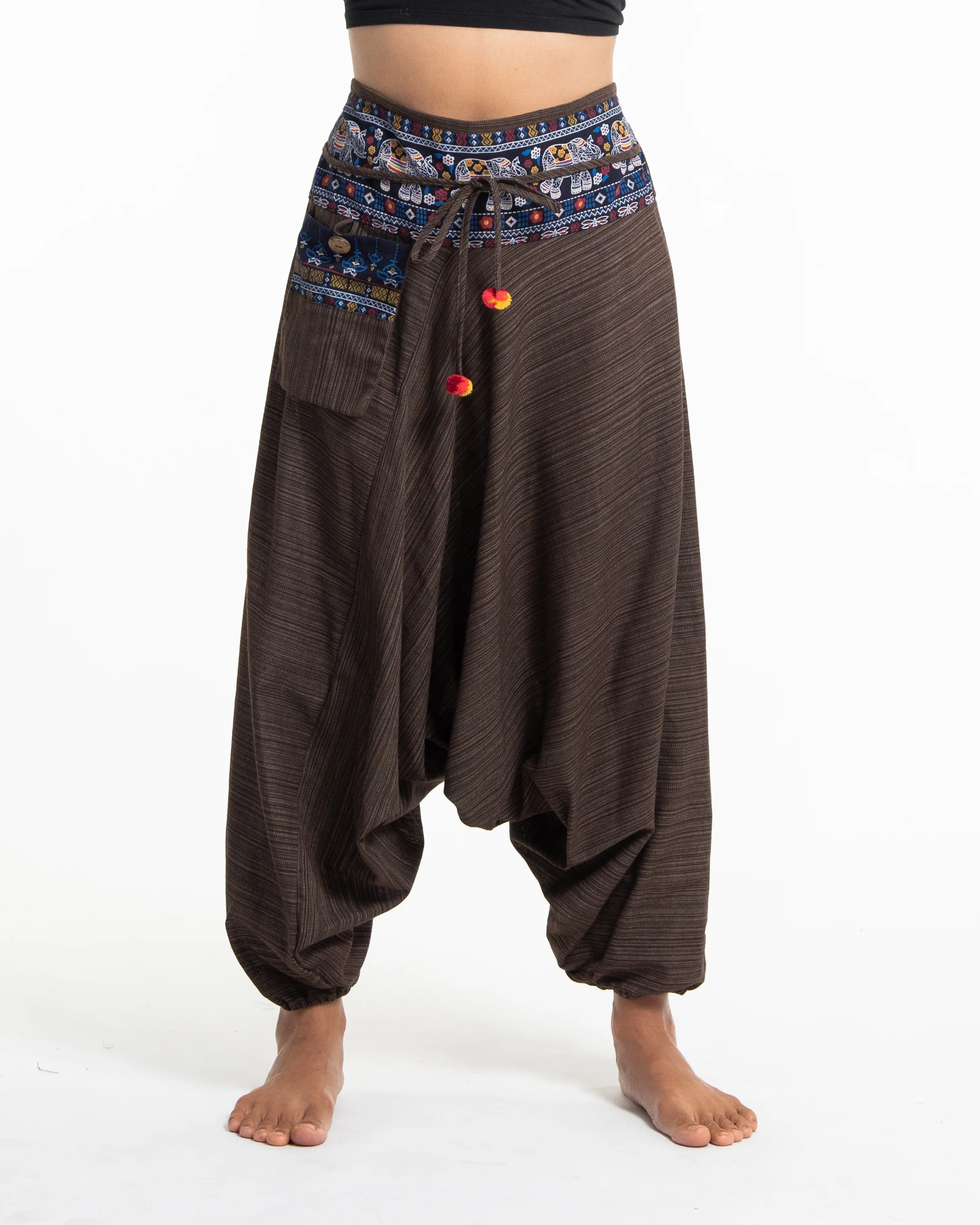 Pinstripe Cotton Low Cut Women's Harem Pants with Elephant Trim in Brown
