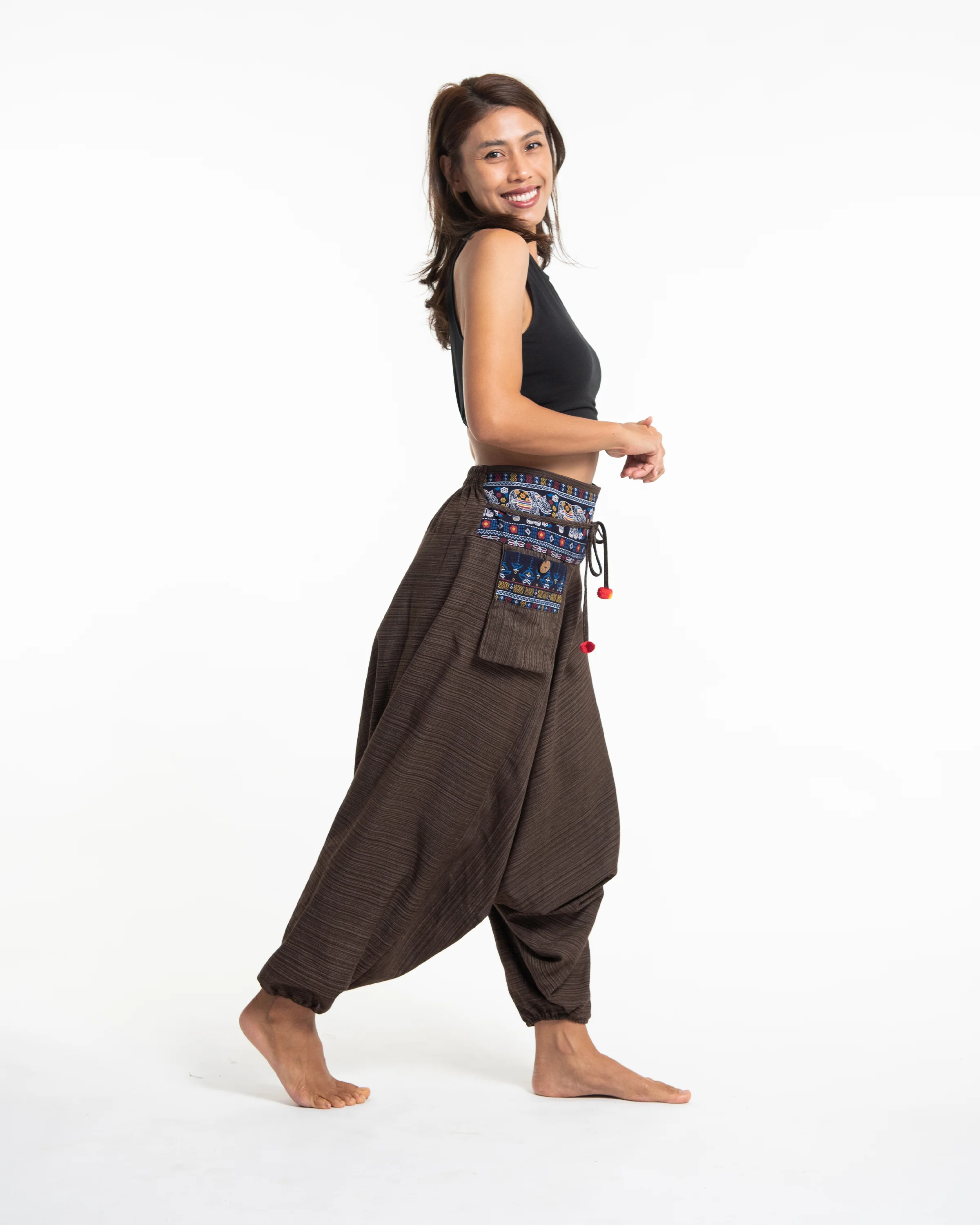 1589-Pinstripe-Cotton-Low-Cut-Women-s-Harem-Pants-with-Elephant-Trim-in-Brown-3.webp Pinstripe Cotton Low Cut Women's Harem Pants with Elephant Trim in Brown