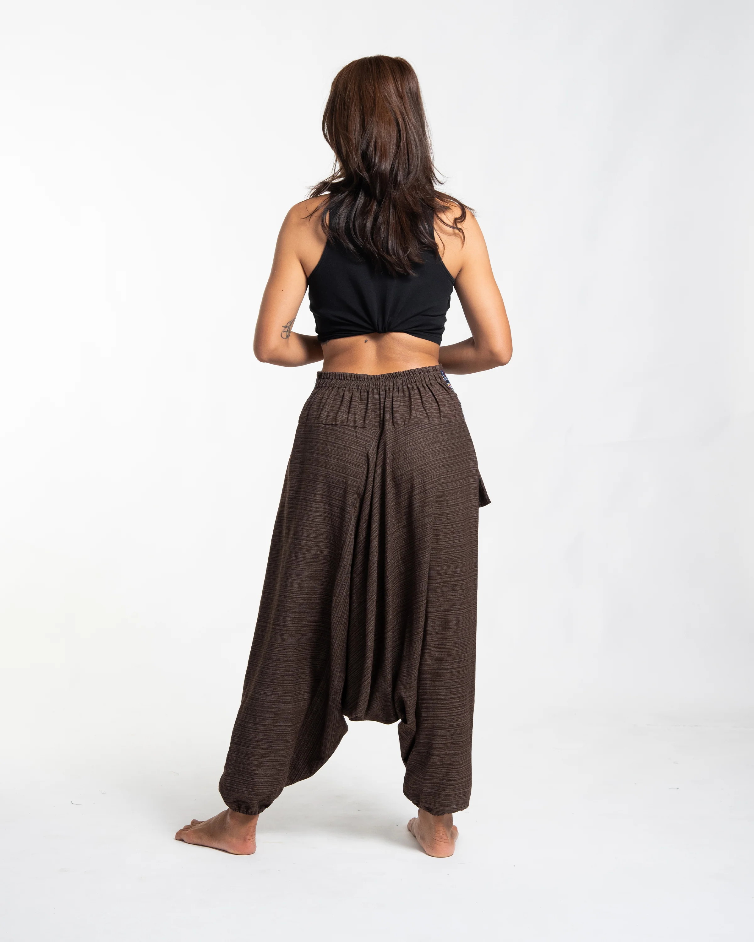 1589-Pinstripe-Cotton-Low-Cut-Women-s-Harem-Pants-with-Elephant-Trim-in-Brown-4.webp Pinstripe Cotton Low Cut Women's Harem Pants with Elephant Trim in Brown