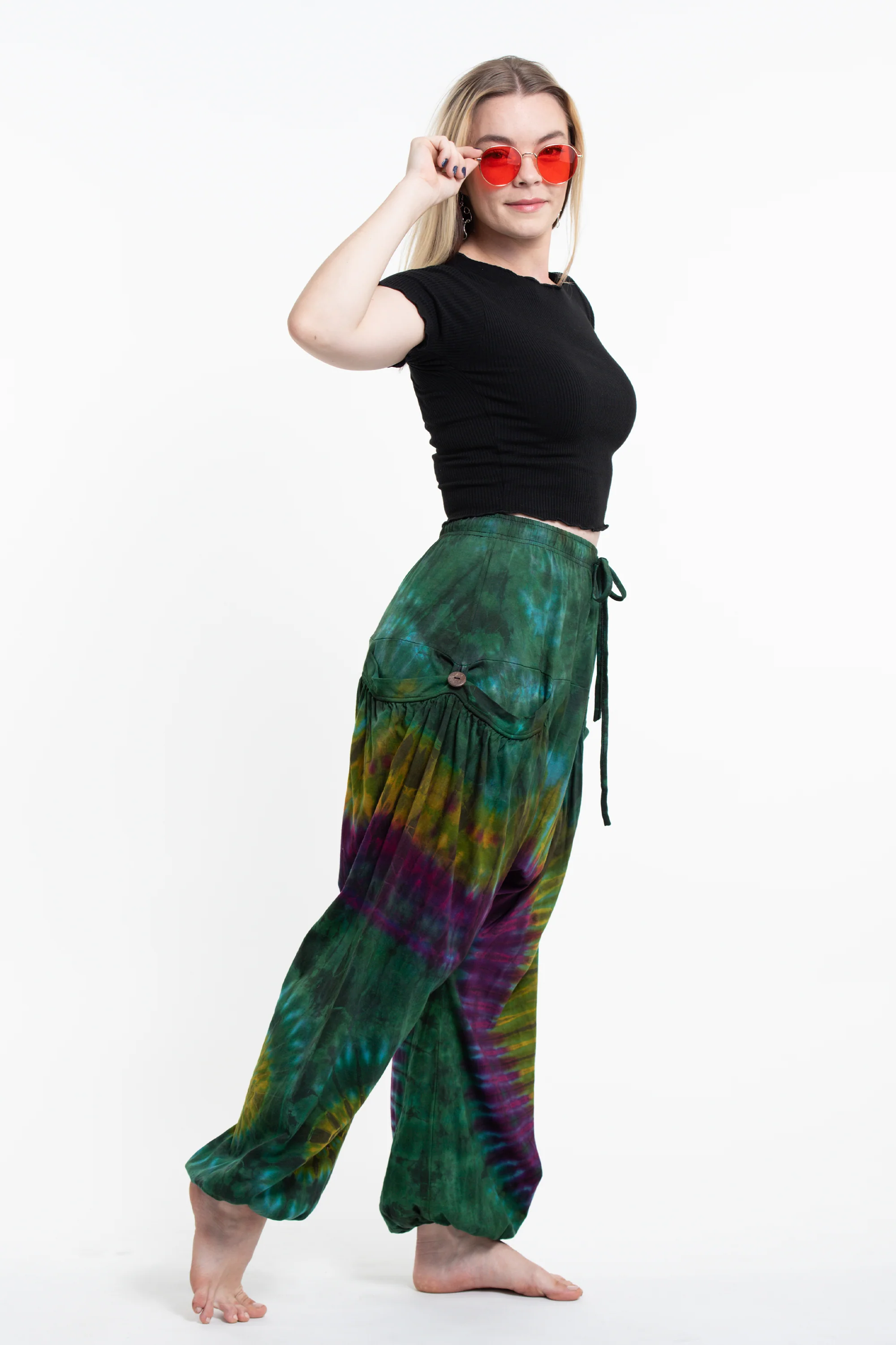 1592-Tie-Dye-Cotton-Women-Harem-Pants-in-Green-Yellow-3.webp Tie Dye Cotton Women Harem Pants in Green Yellow