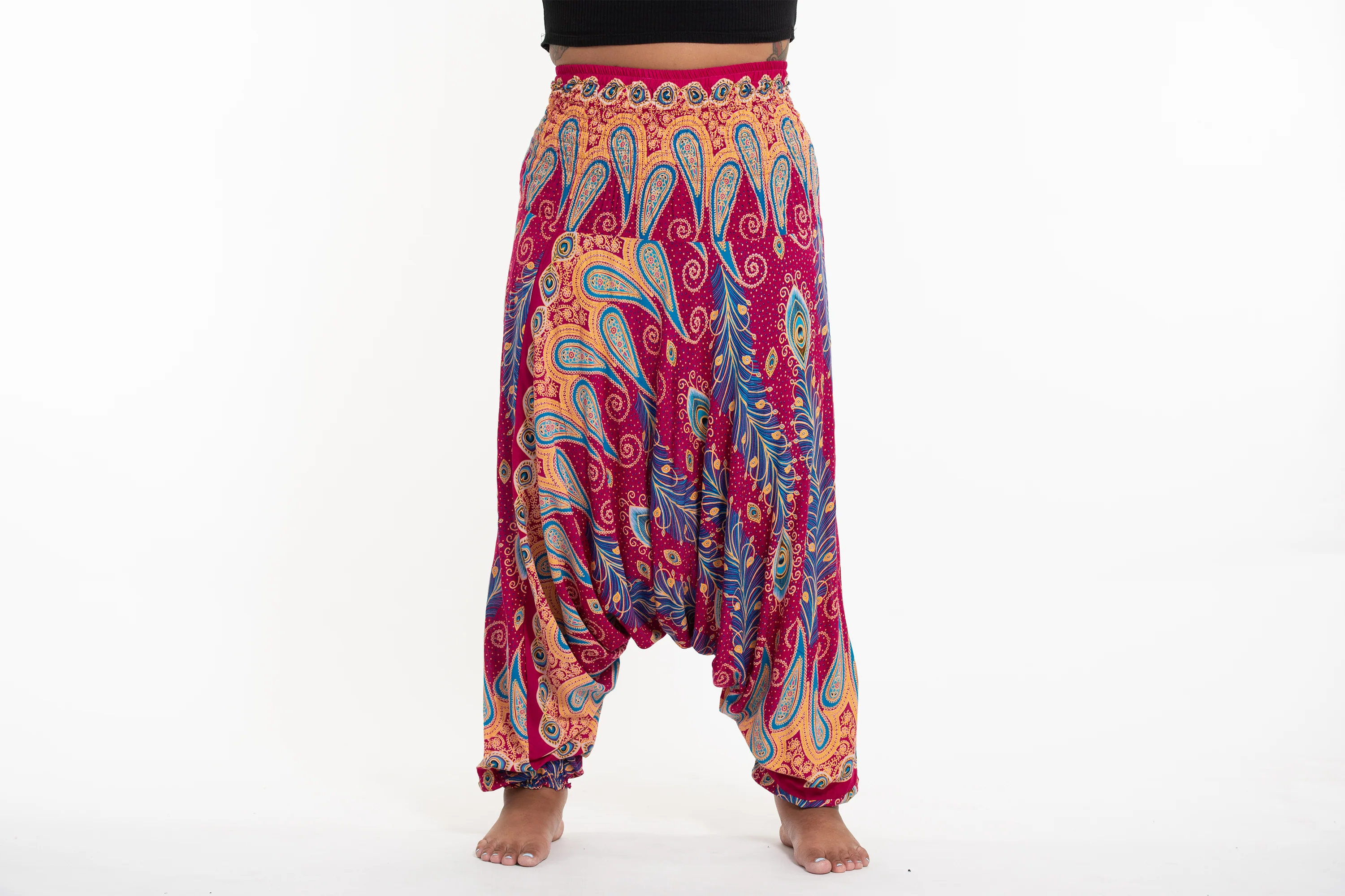 Plus Size Peacock Paisley 2-in-1 Jumpsuit Harem Pants in Pink