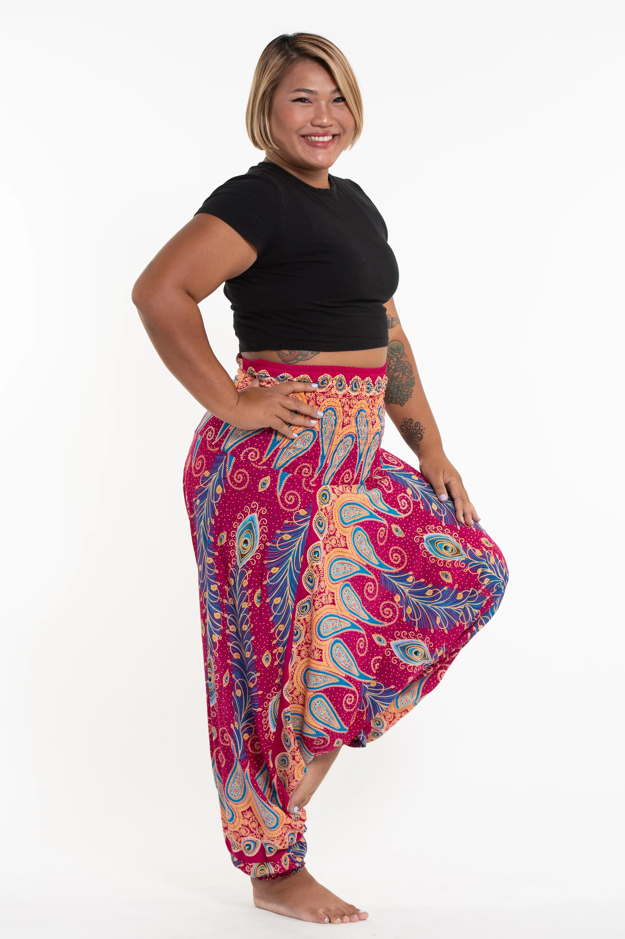 1600-Plus-Size-Peacock-Paisley-2-in-1-Jumpsuit-Harem-Pants-in-Pink-4.webp Plus Size Peacock Paisley 2-in-1 Jumpsuit Harem Pants in Pink