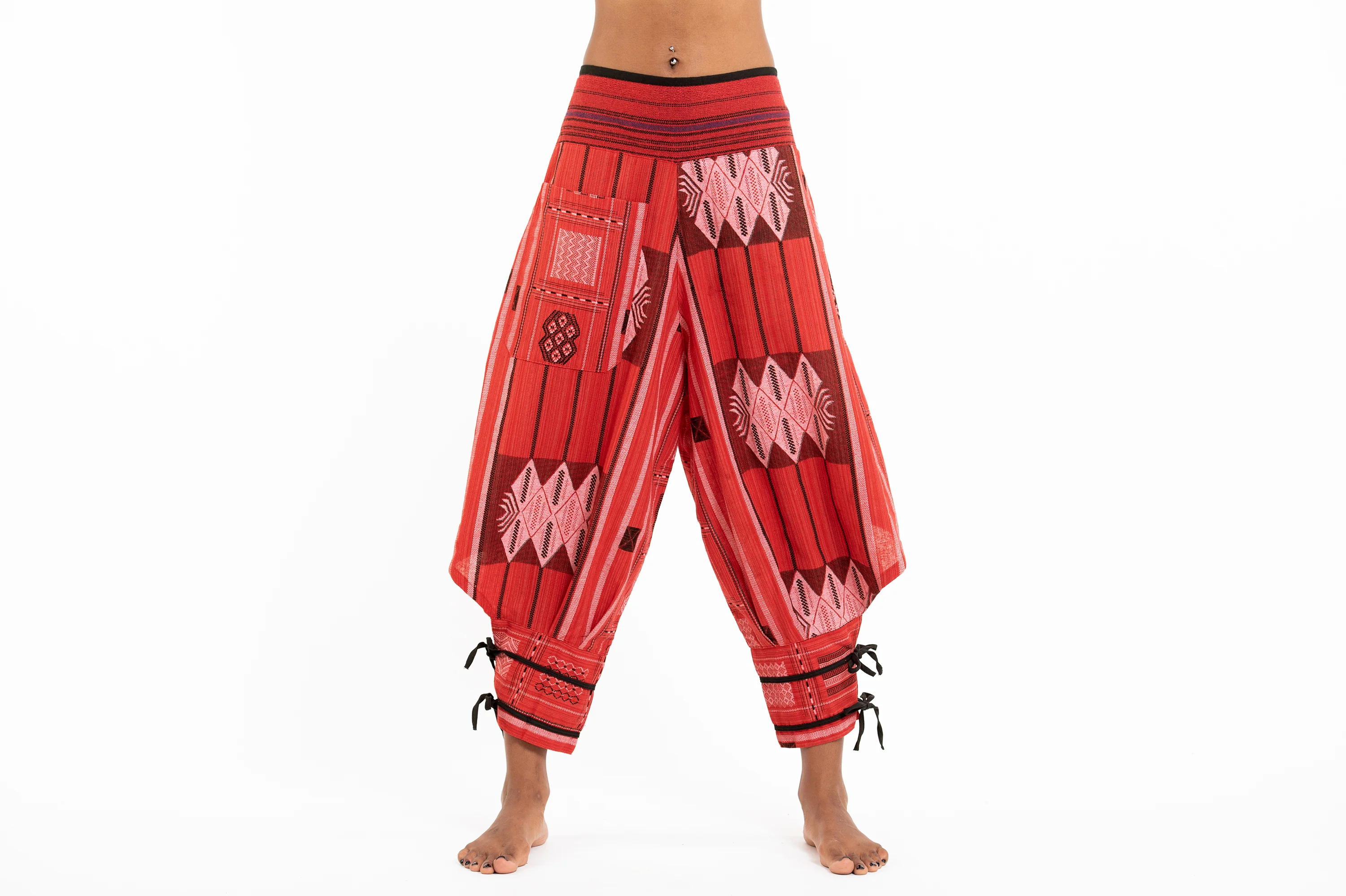 Thai Hill Tribe Fabric Women's Harem Pants with Ankle Straps in Red