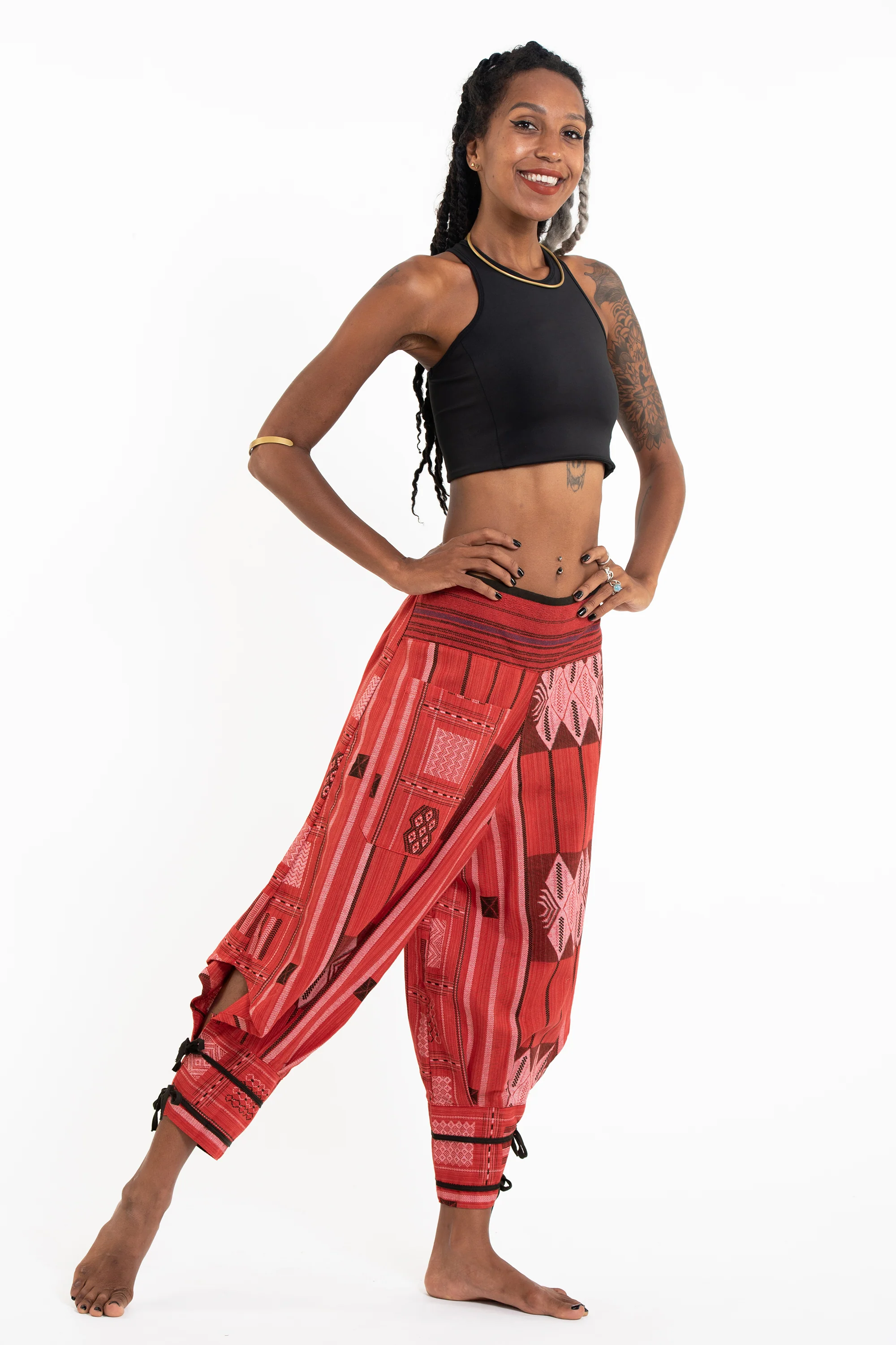 1605-Thai-Hill-Tribe-Fabric-Women-s-Harem-Pants-with-Ankle-Straps-in-Red-3.webp Thai Hill Tribe Fabric Women's Harem Pants with Ankle Straps in Red