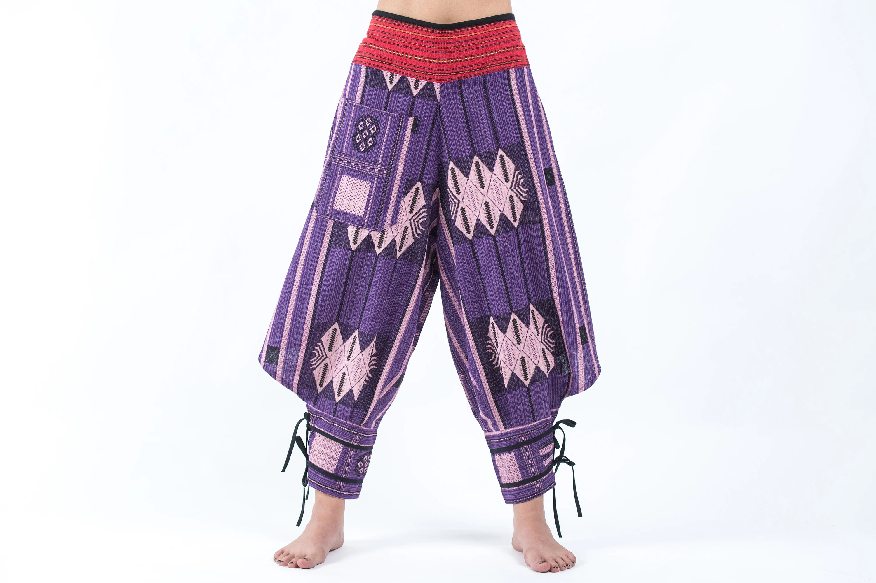 Thai Hill Tribe Fabric Women's Harem Pants with Ankle Straps in Purple