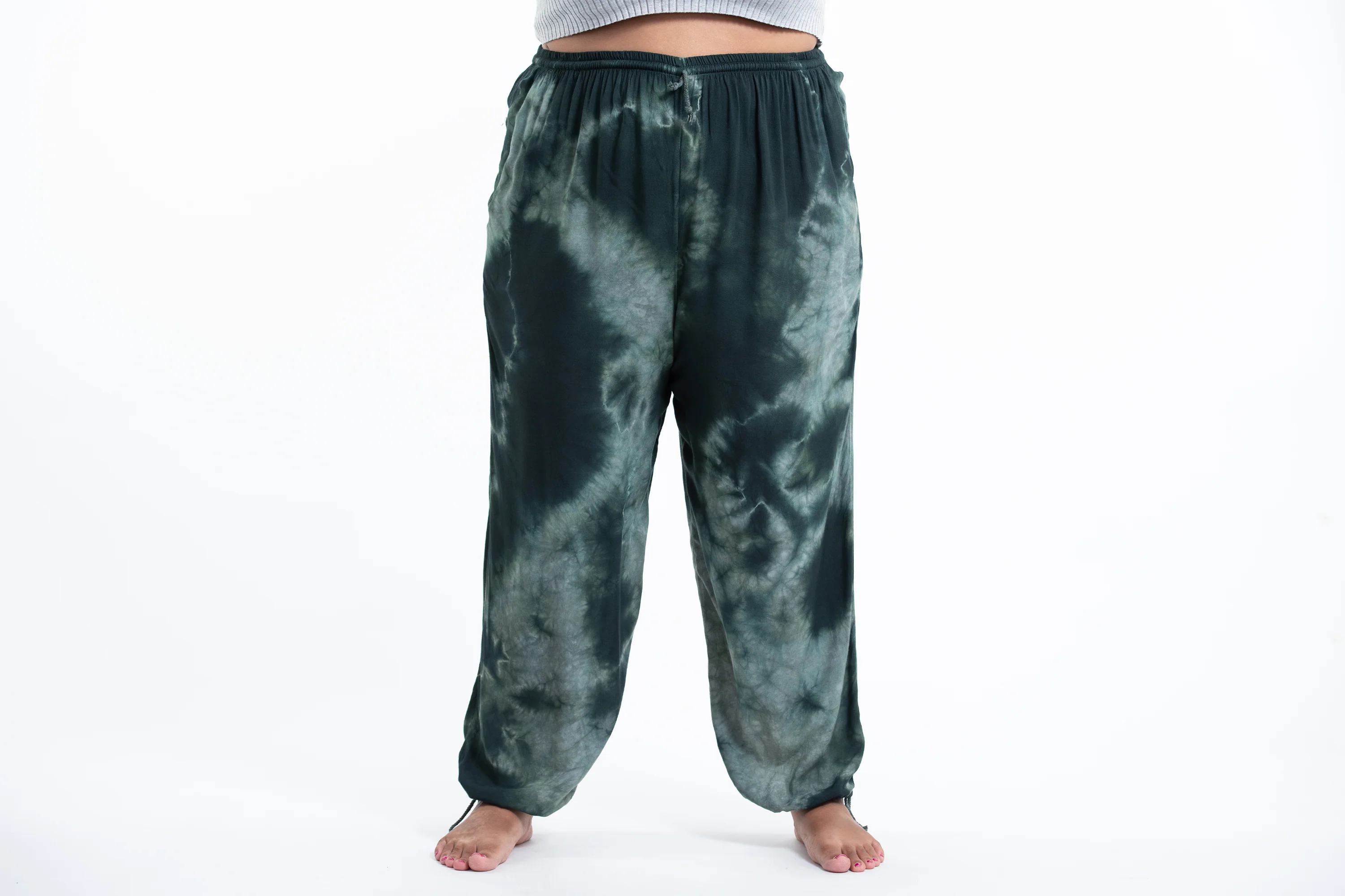 Plus Size Tie Dye Drawstring Women's Yoga Massage Pants in Dark Teal