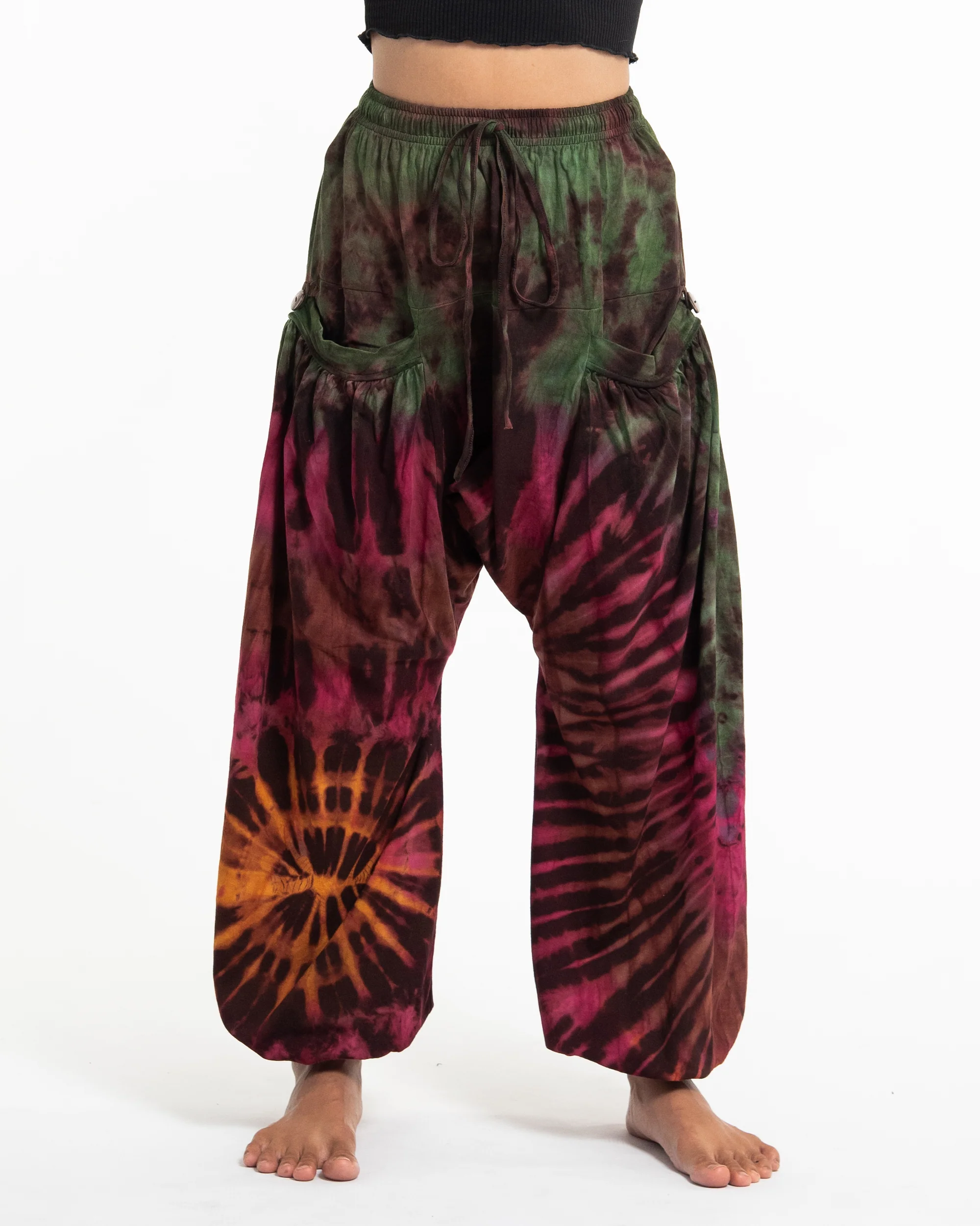 Tie Dye Cotton Women Harem Pants in Green Magenta