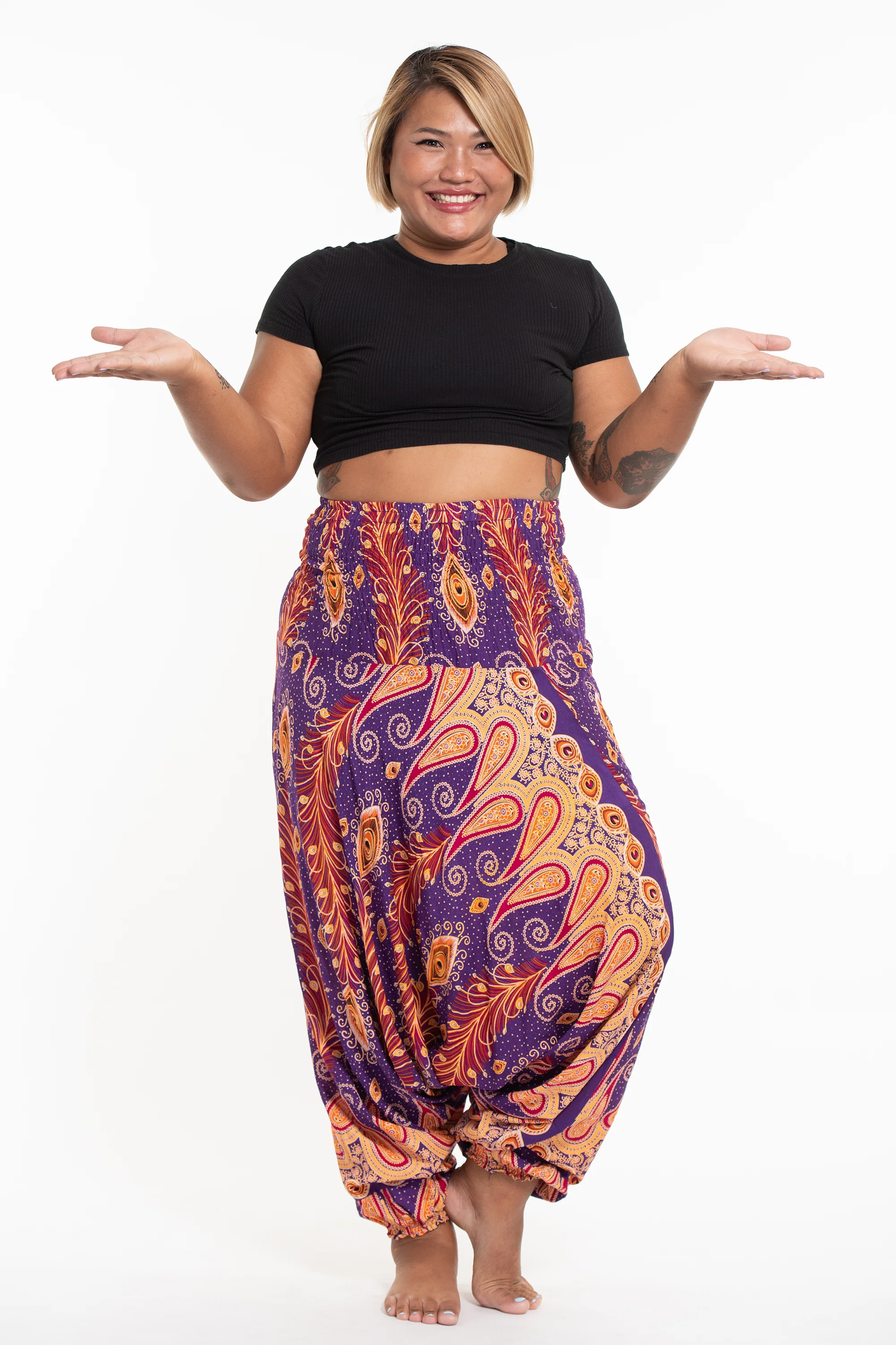 Plus Size Peacock Paisley 2-in-1 Jumpsuit Harem Pants in Purple