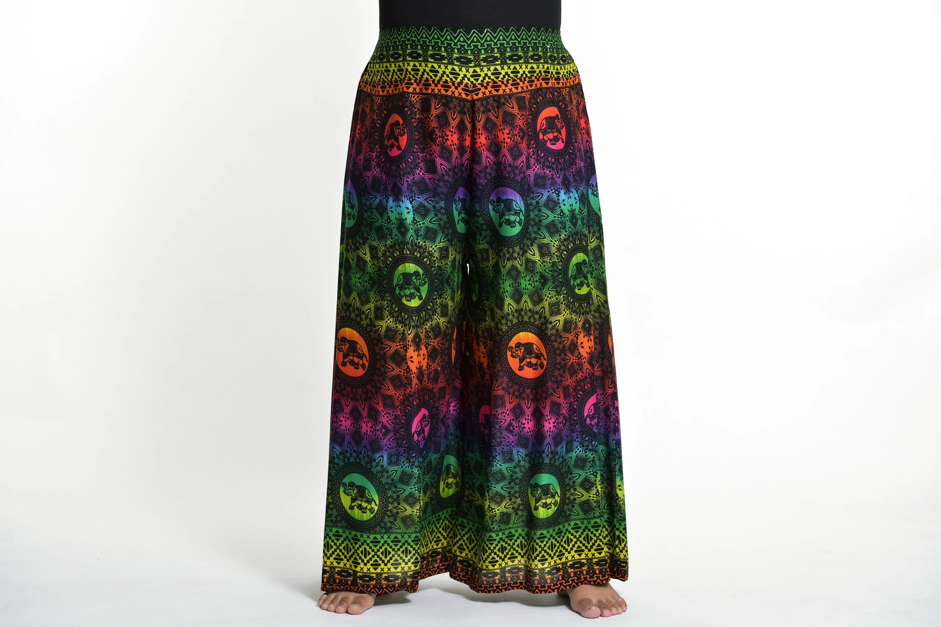 Plus Size Rainbow Elephant Palazzo Style Elephant Pants in Green
