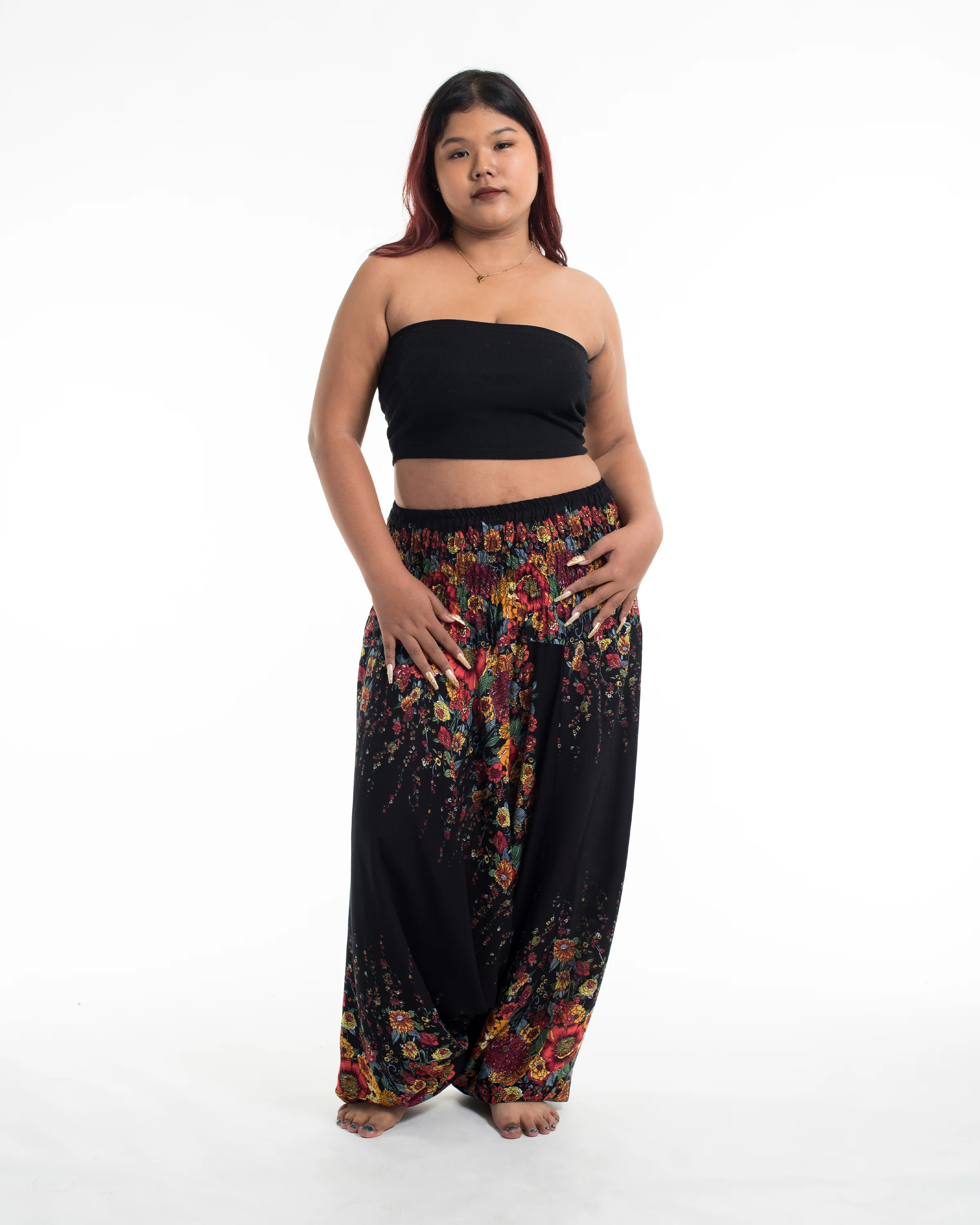 Plus Size Floral 2-in-1 Jumpsuit Harem Pants in Black