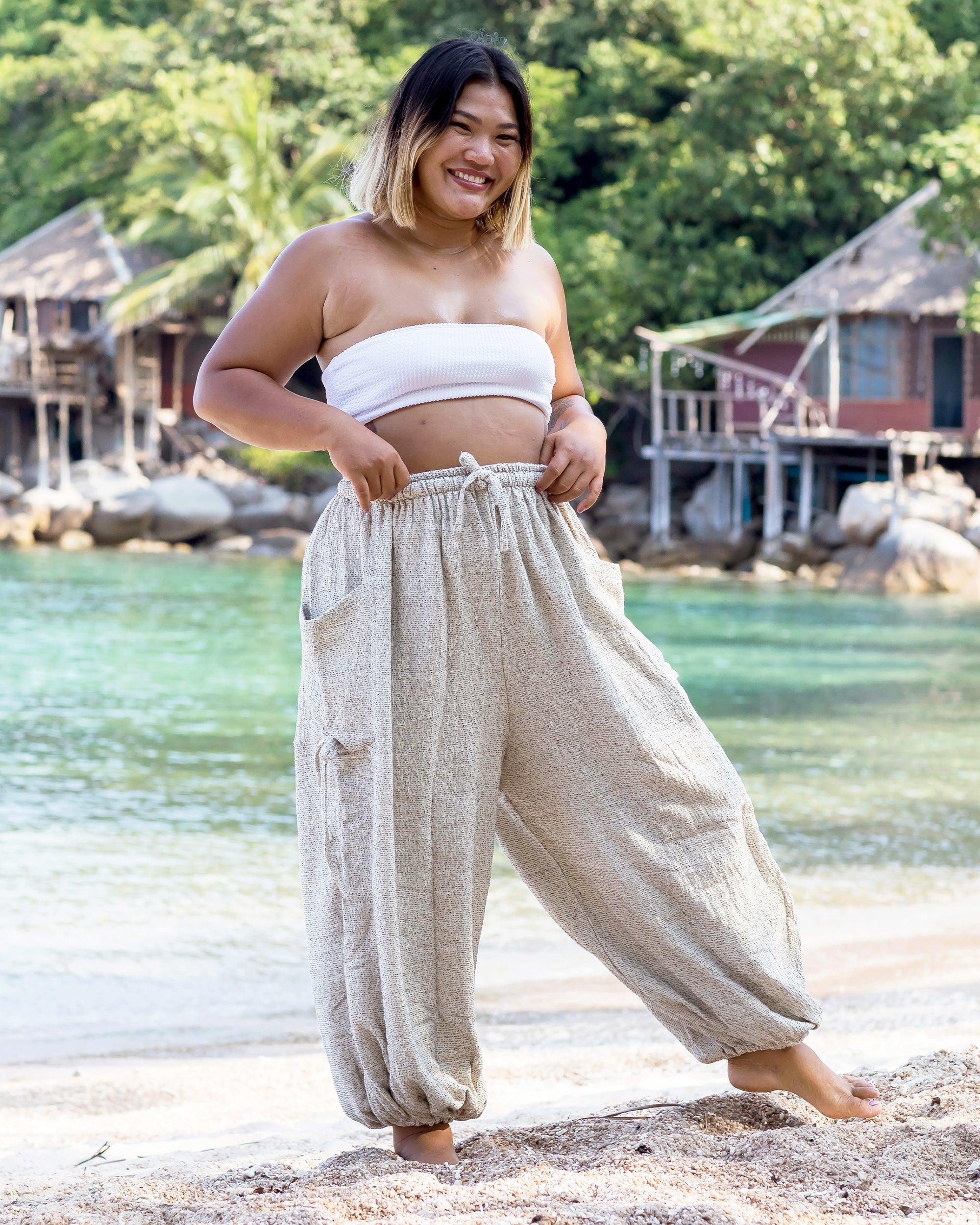 Plus Size Women's Ribbed Cotton Pants in Beige