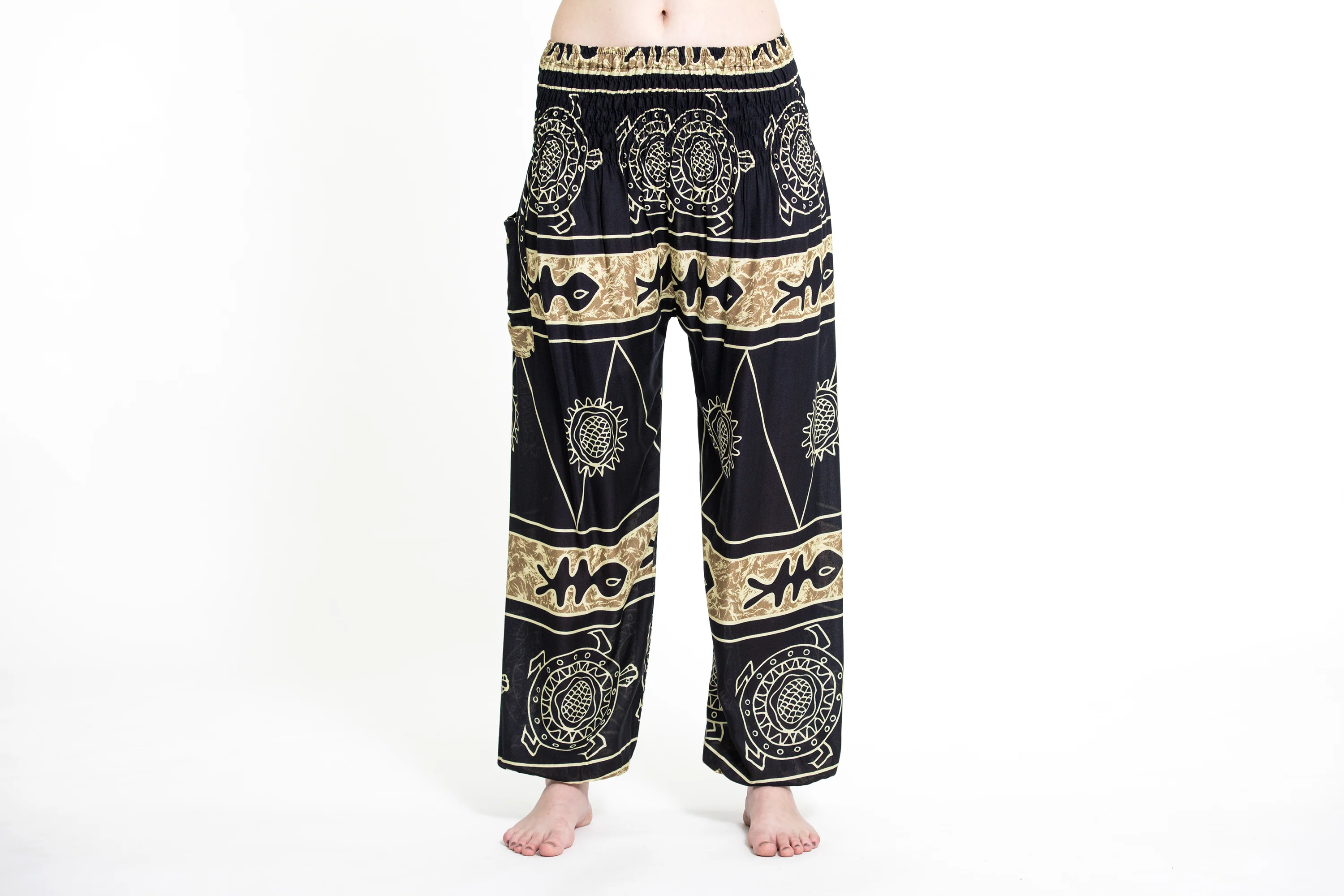 Turtle Print Women's Harem Pants in Gold