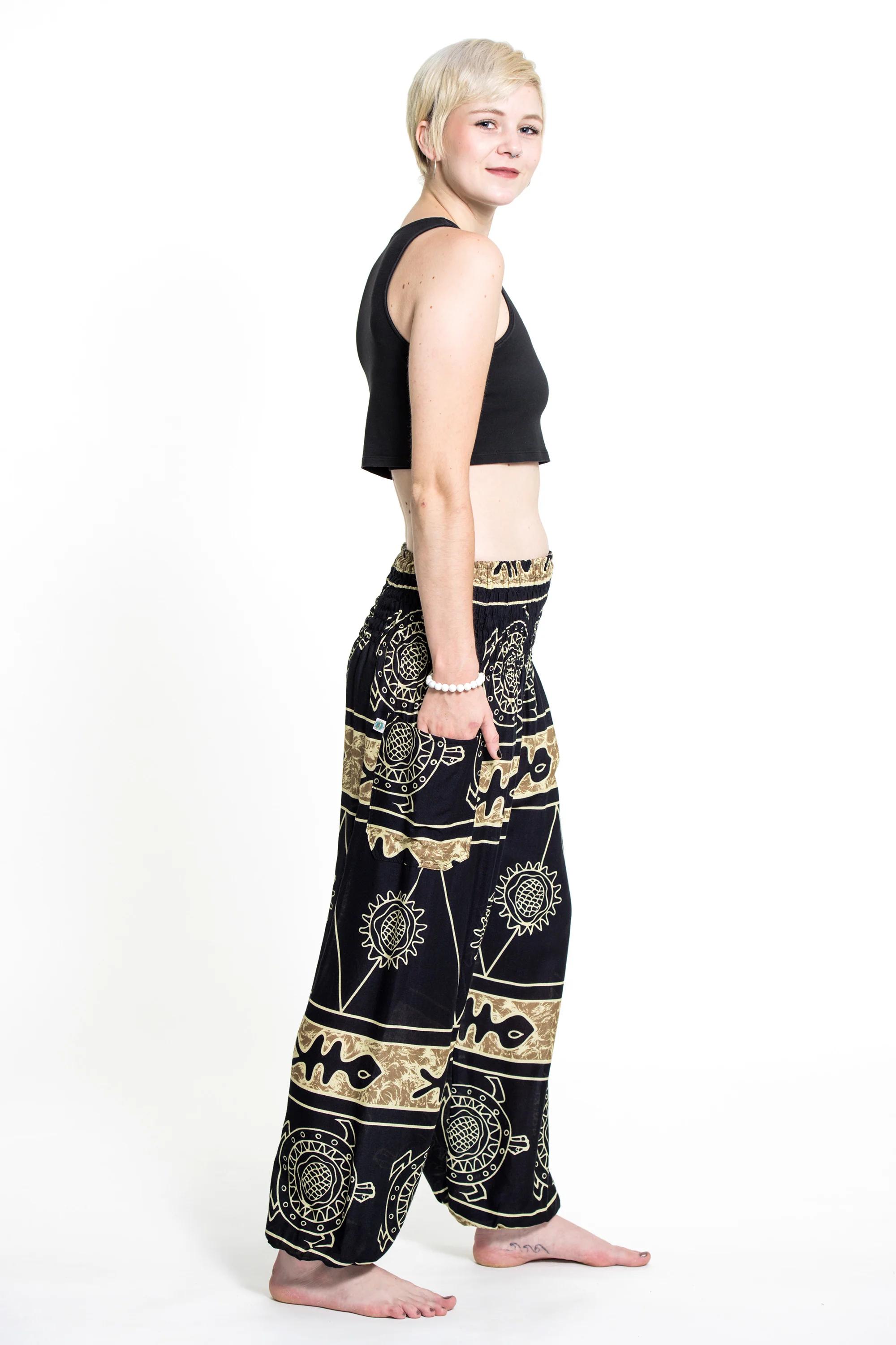 1634-Turtle-Print-Women-s-Harem-Pants-in-Gold-3.webp Turtle Print Women's Harem Pants in Gold