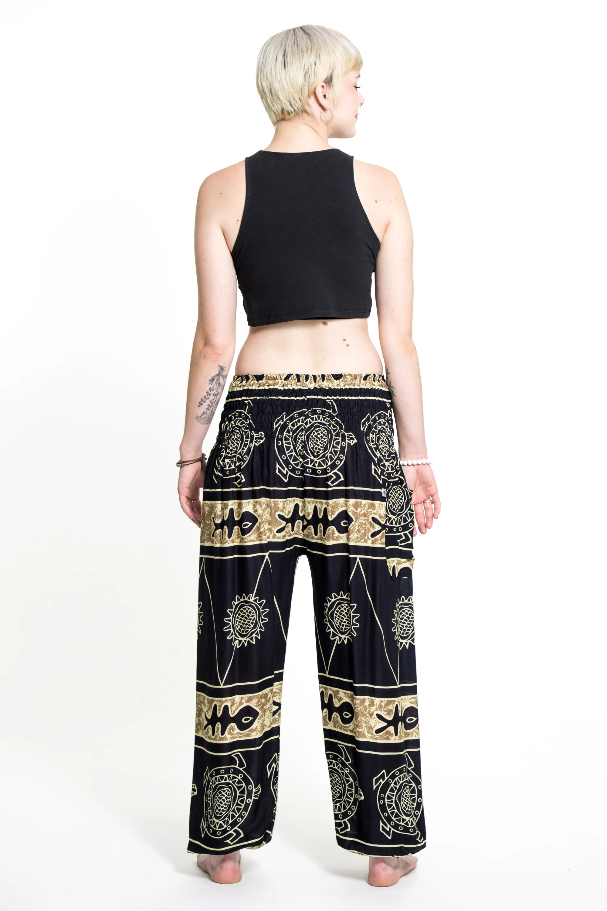 1634-Turtle-Print-Women-s-Harem-Pants-in-Gold-4.webp Turtle Print Women's Harem Pants in Gold