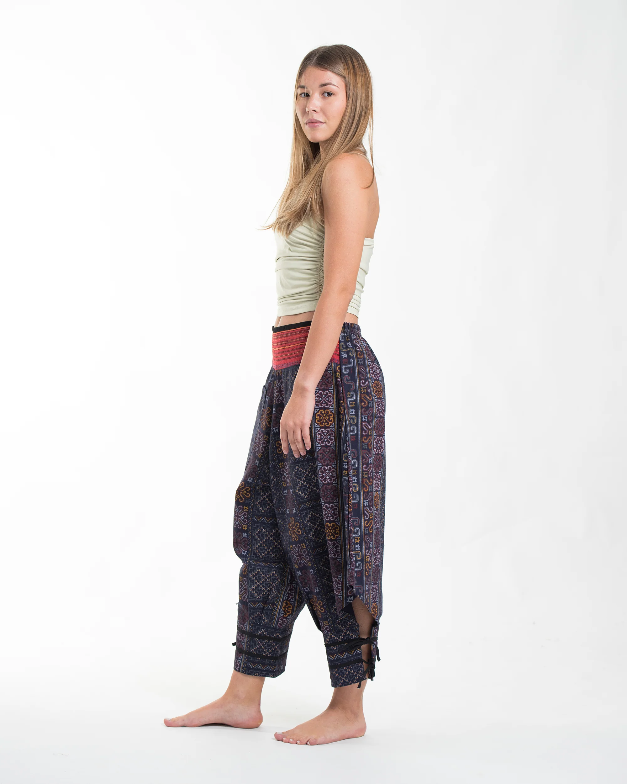 1636-Clovers-Thai-Hill-Tribe-Fabric-Women-s-Harem-Pants-with-Ankle-Straps-in-Blue-3.webp Clovers Thai Hill Tribe Fabric Women's Harem Pants with Ankle Straps in Blue