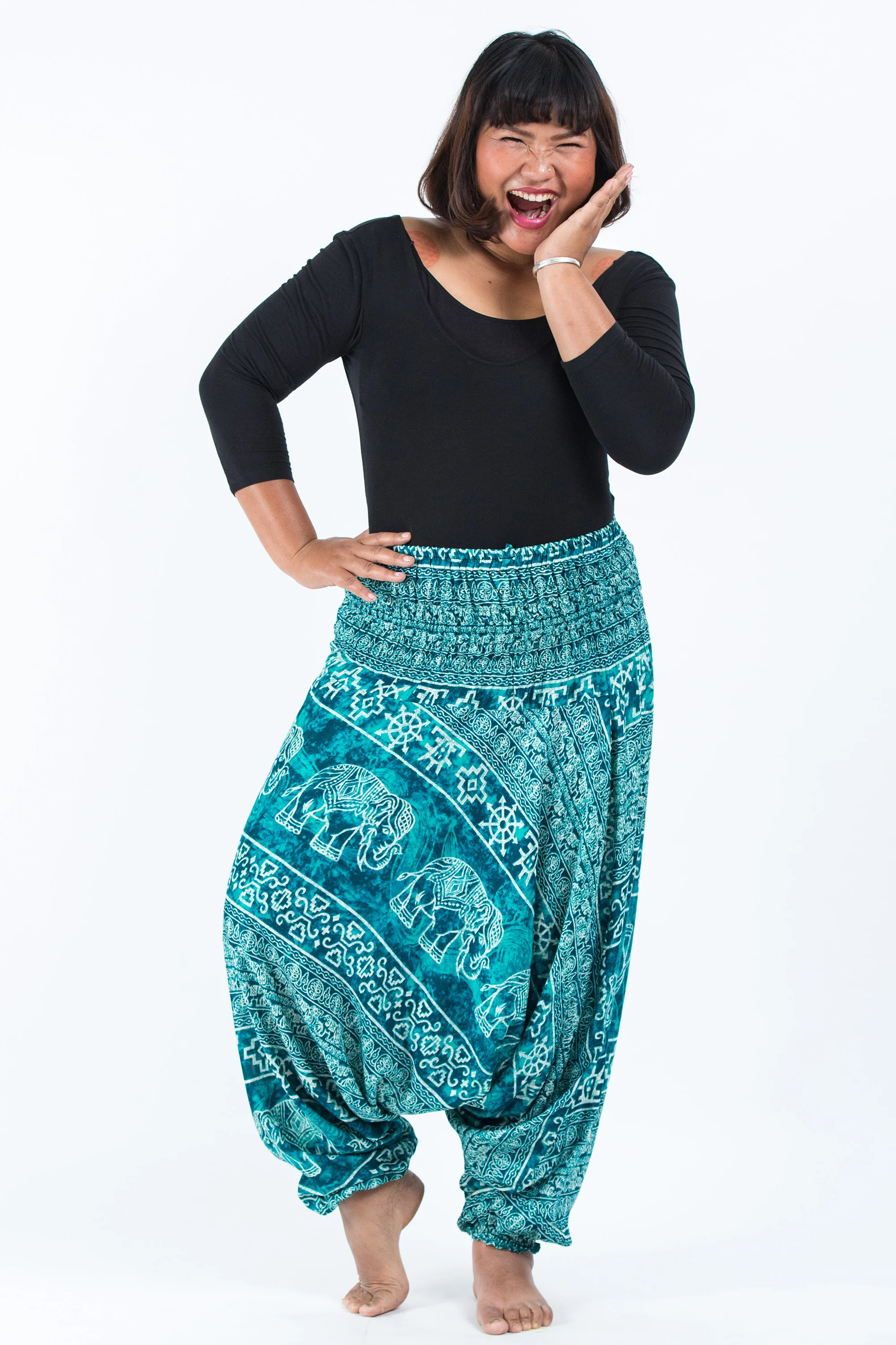 Plus Size Marble Elephant 2-in-1 Jumpsuit Elephant Pants in Turquoise