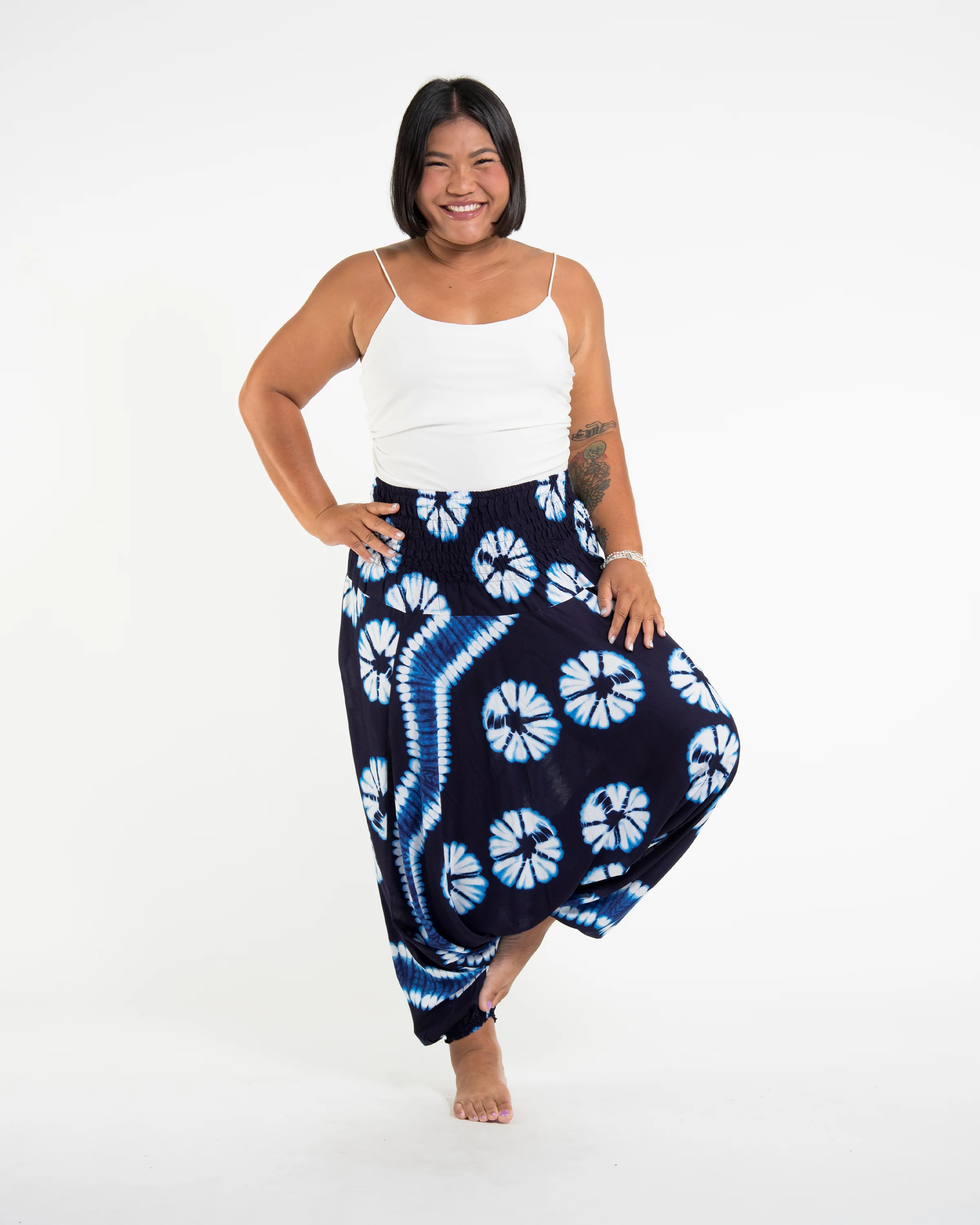 Plus Size Tie Dye 2-in-1 Jumpsuit Harem Pants in Indigo