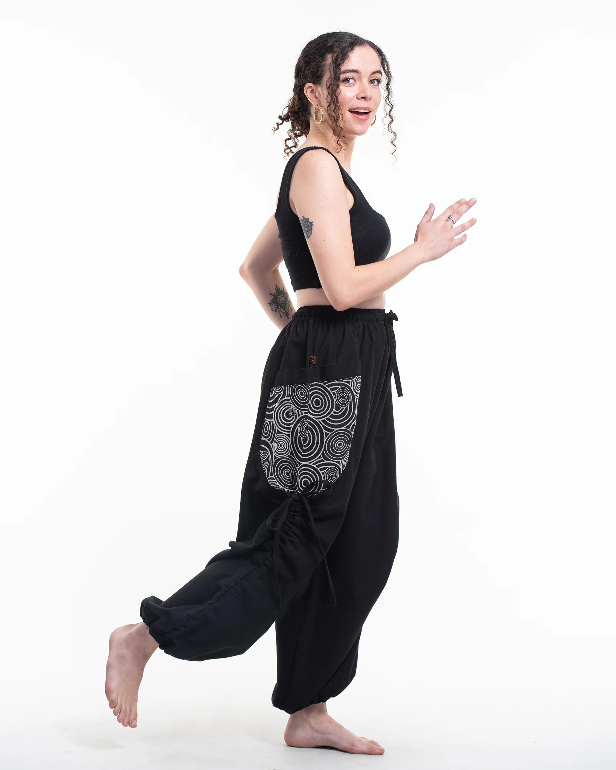 1645-Women-s-Cotton-Pants-with-Swirls-Prints-Pocket-in-Black-3.webp Women's Cotton Pants with Swirls Prints Pocket in Black