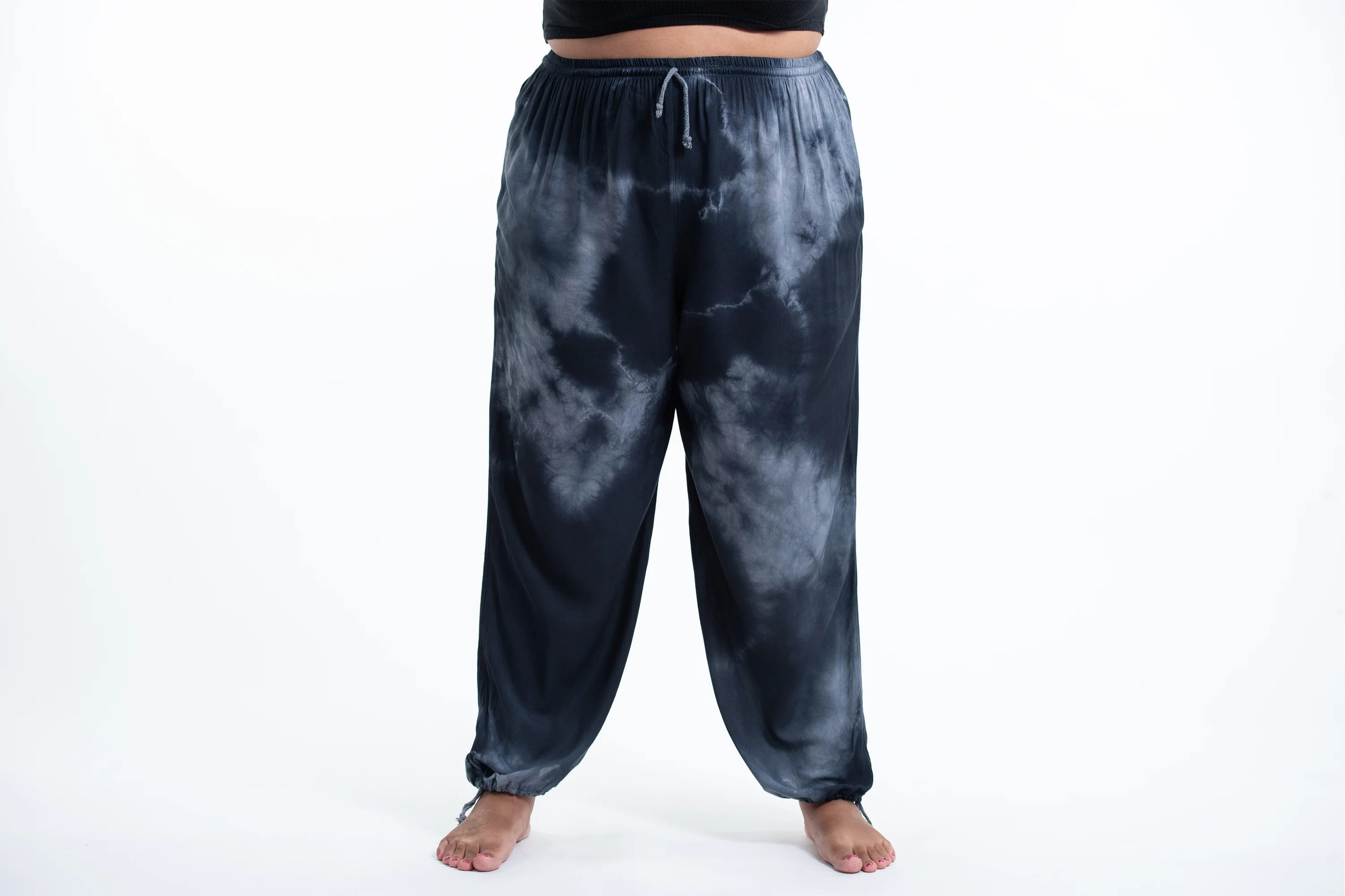 Plus Size Tie Dye Drawstring Women's Yoga Massage Pants in Black