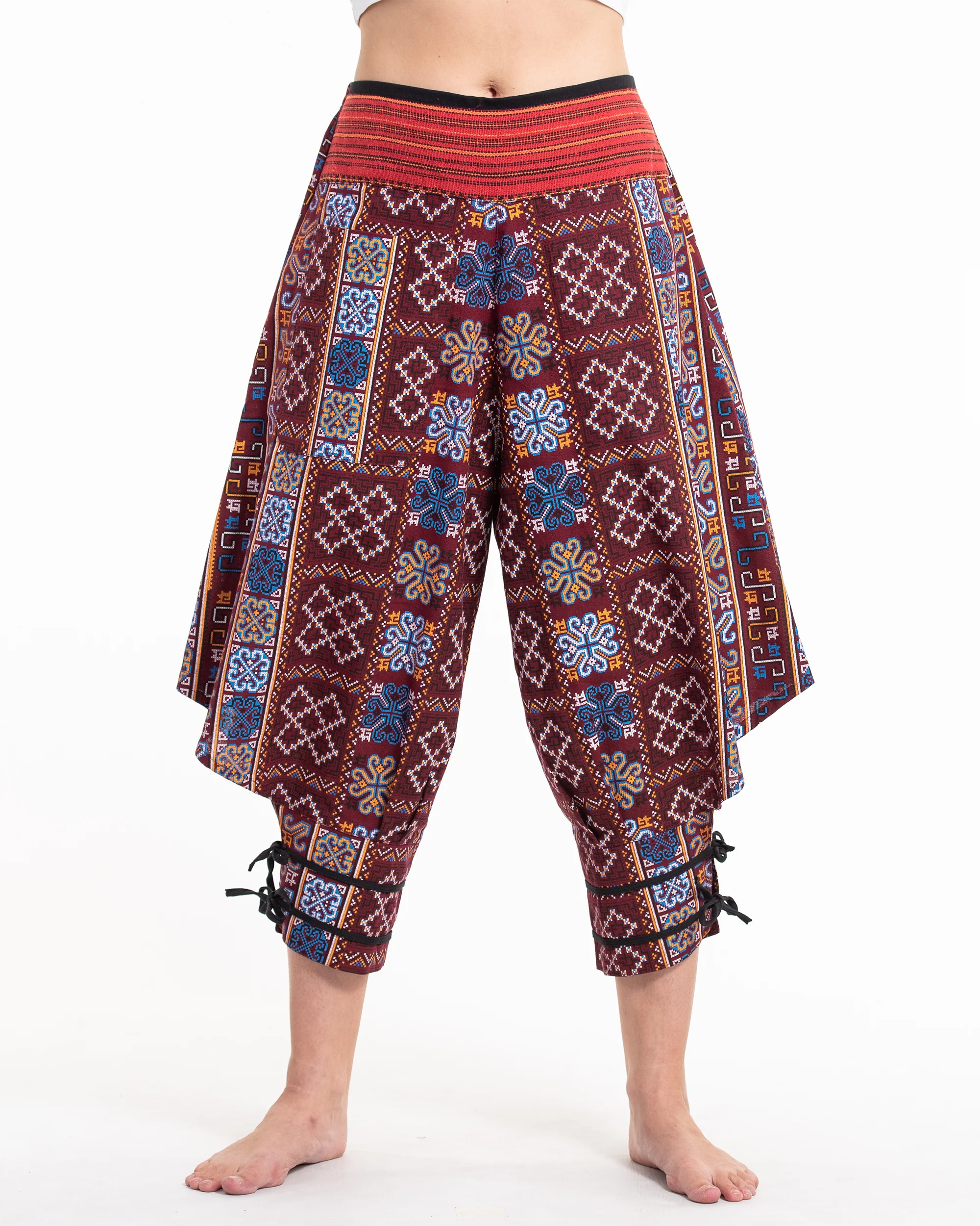Clovers Thai Hill Tribe Fabric Women's Harem Pants with Ankle Straps in Burgundy