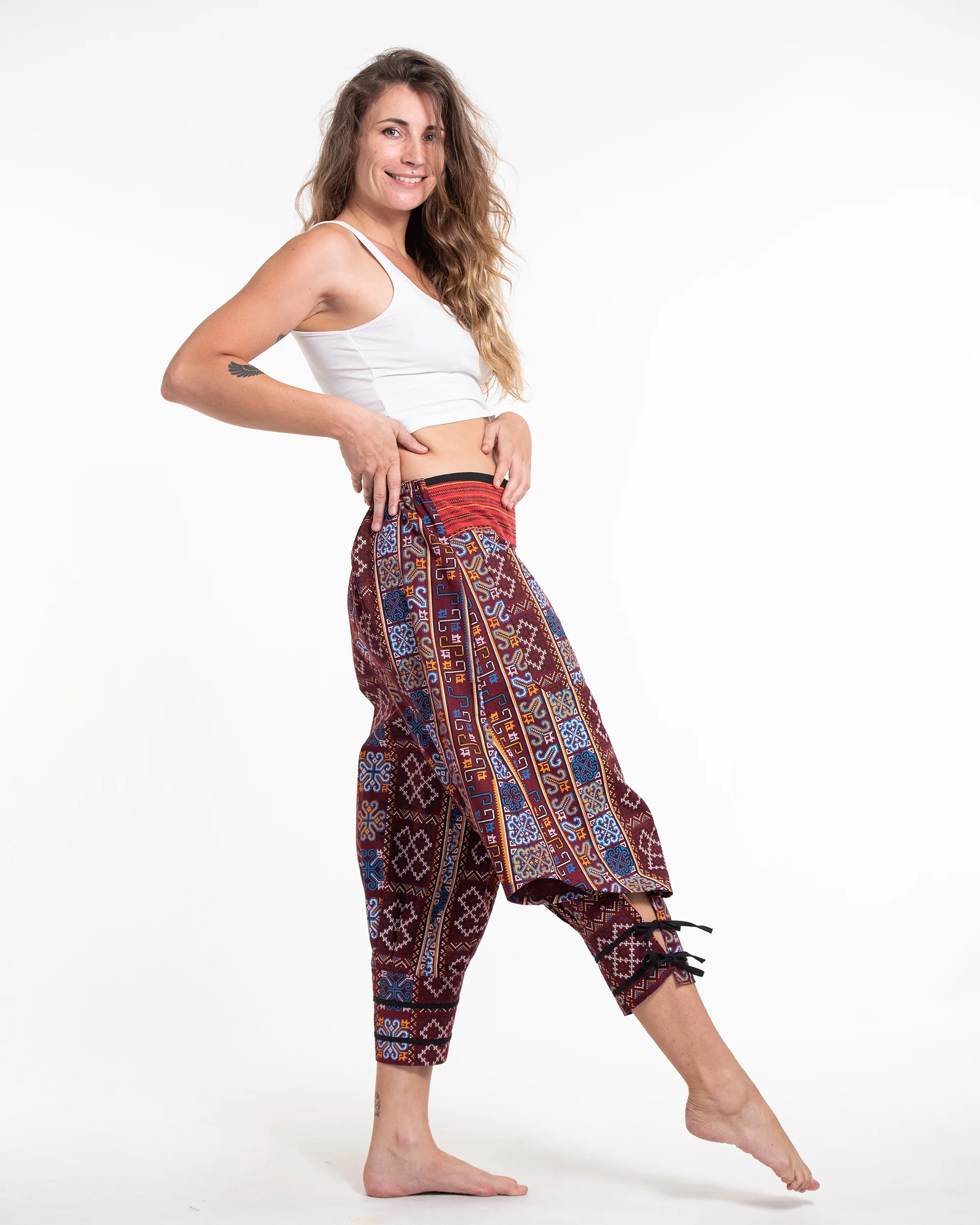1649-Clovers-Thai-Hill-Tribe-Fabric-Women-s-Harem-Pants-with-Ankle-Straps-in-Burgundy-3.webp Clovers Thai Hill Tribe Fabric Women's Harem Pants with Ankle Straps in Burgundy
