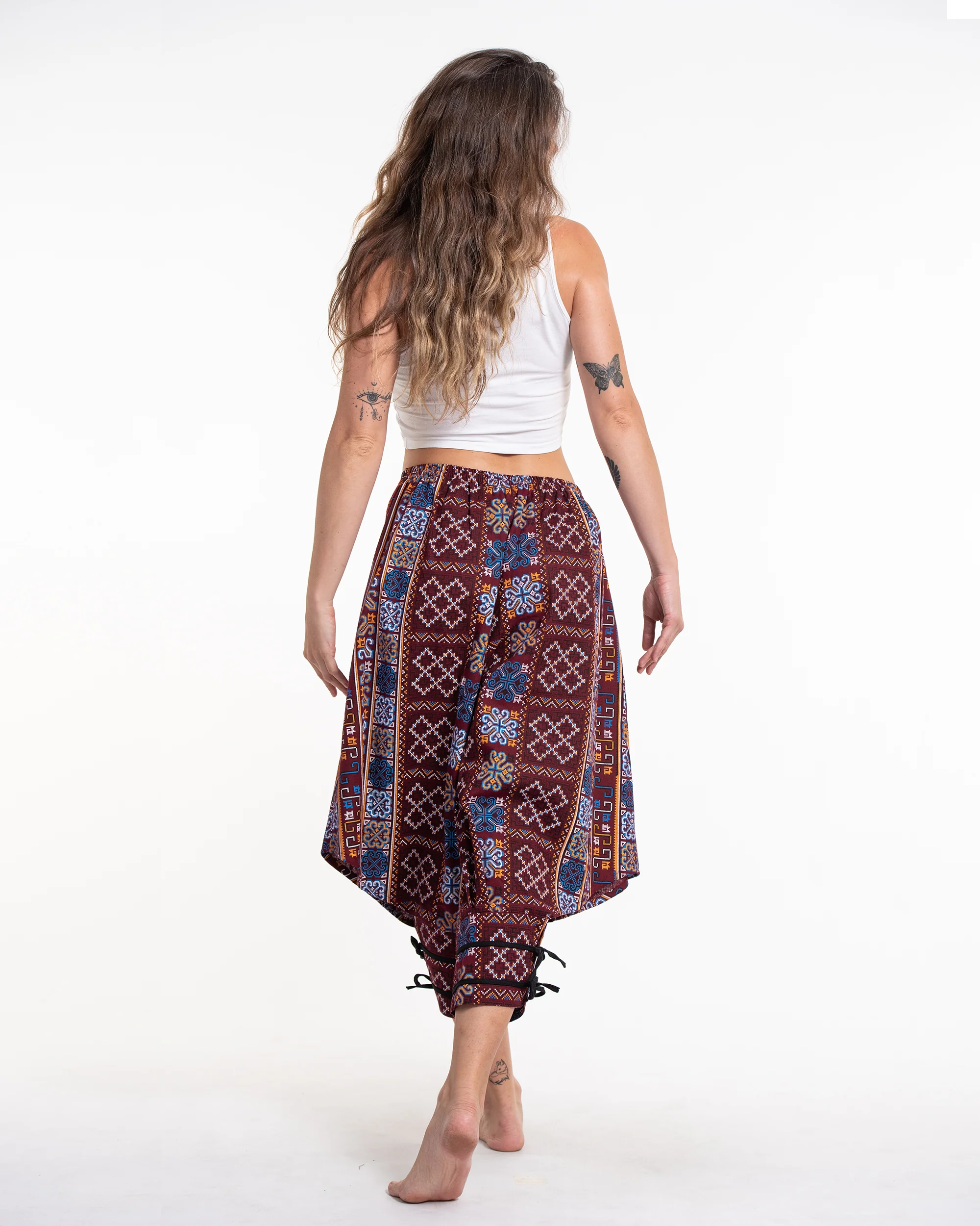 1649-Clovers-Thai-Hill-Tribe-Fabric-Women-s-Harem-Pants-with-Ankle-Straps-in-Burgundy-4.webp Clovers Thai Hill Tribe Fabric Women's Harem Pants with Ankle Straps in Burgundy