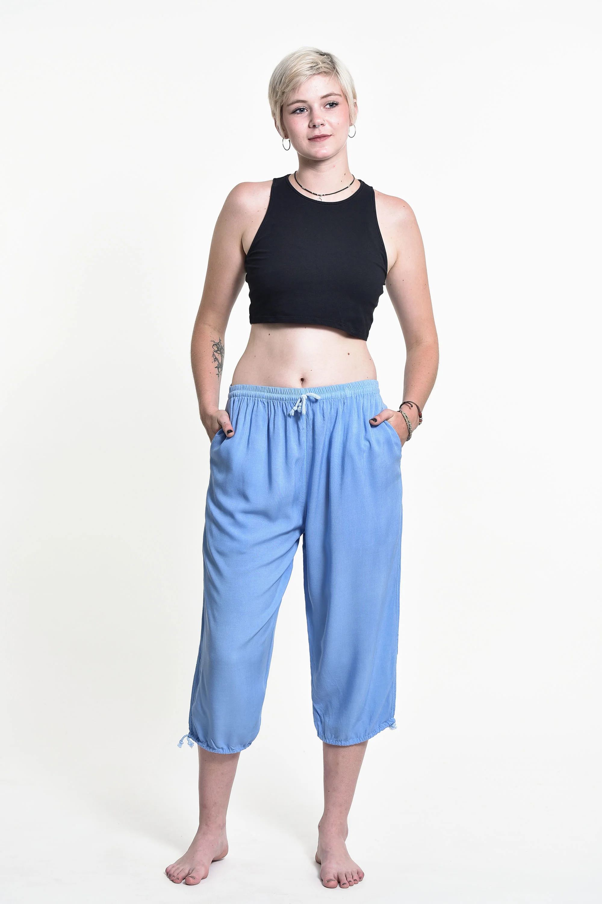 Women's Drawstring Yoga Massage Cropped Pants in Blue