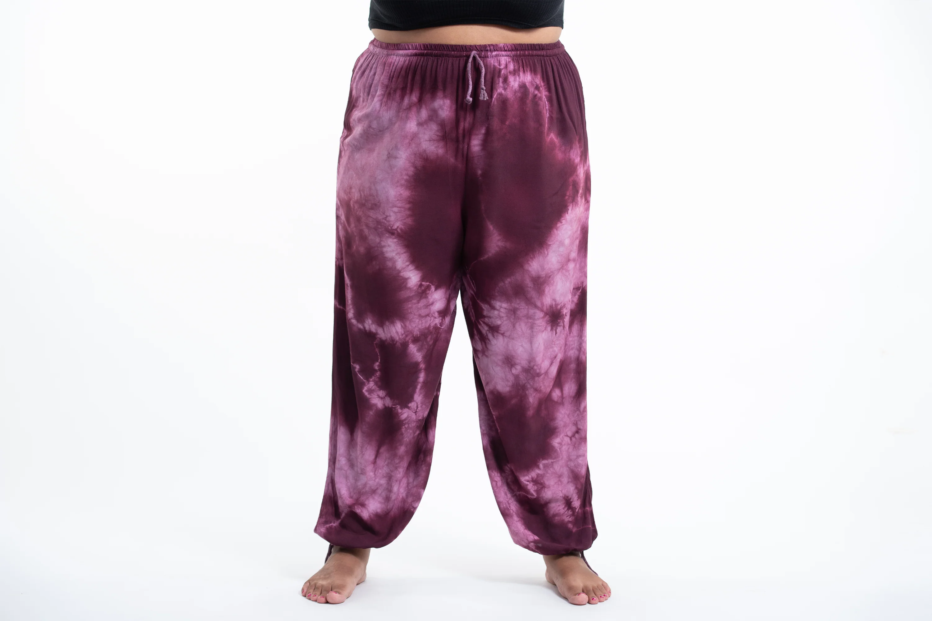 Plus Size Tie Dye Drawstring Women's Yoga Massage Pants in Dark Purple