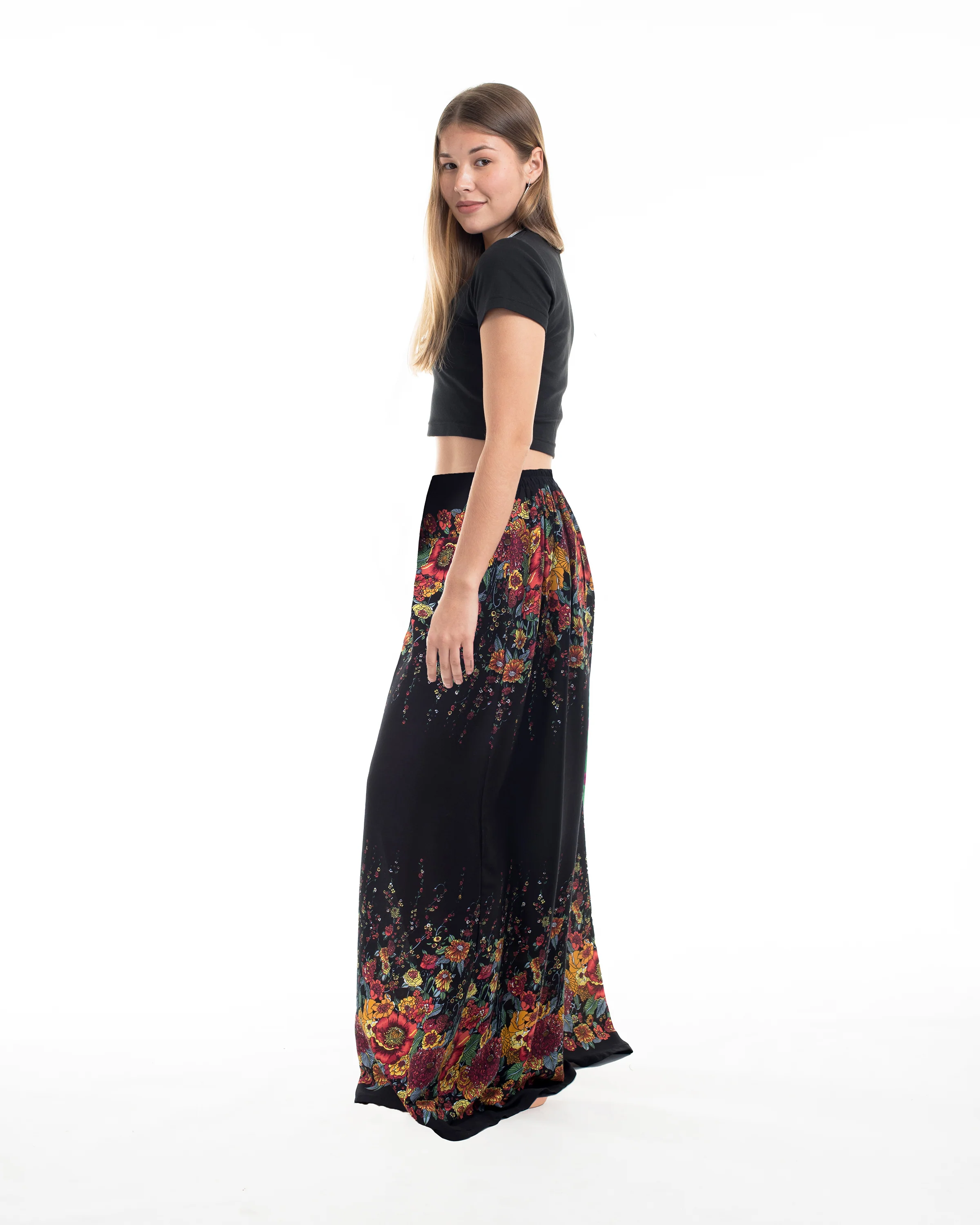 Floral Palazzo Style Harem Pants in Black