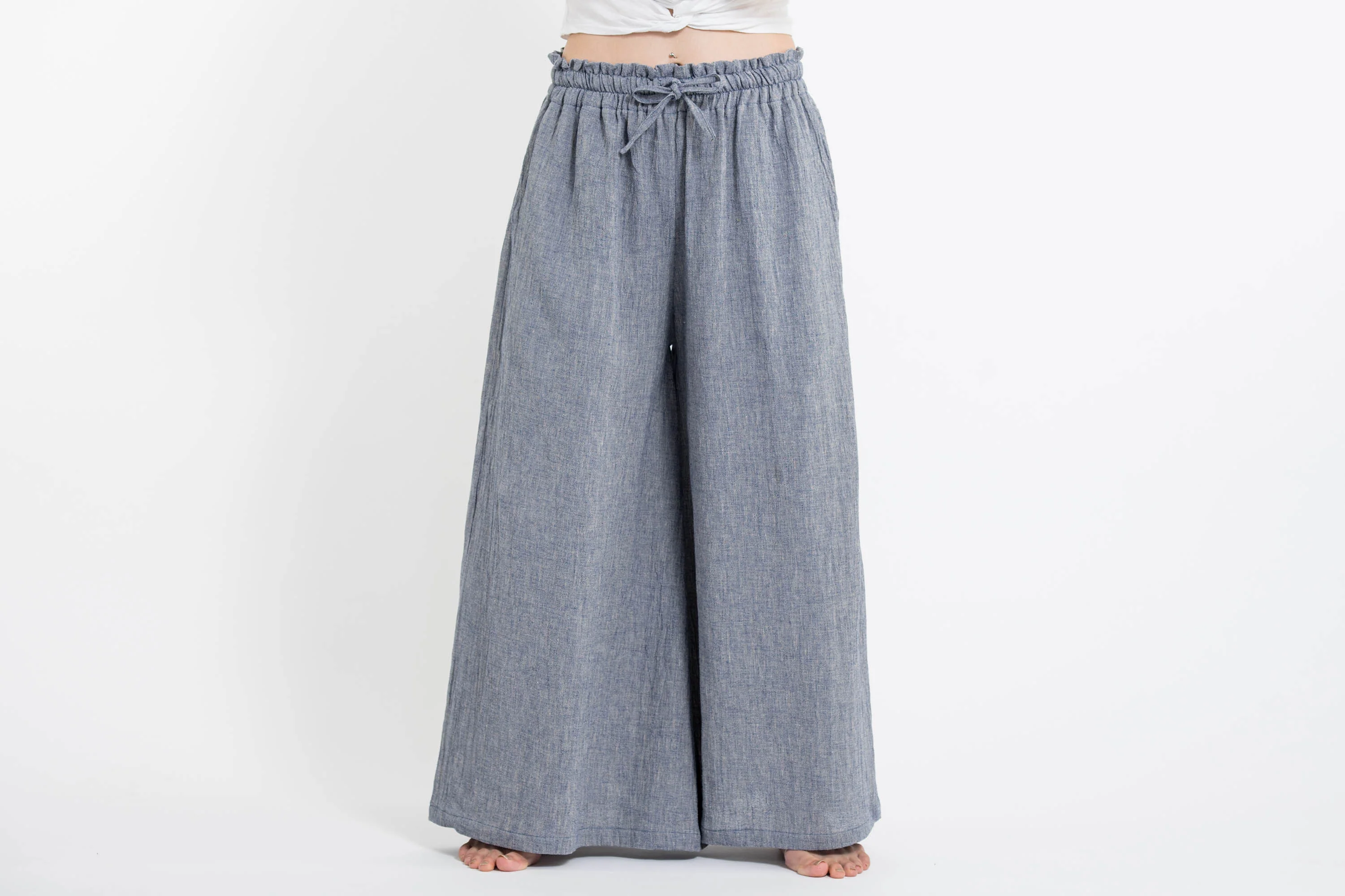 Women's Linen Cotton Blend Palazzo Pants in Blue