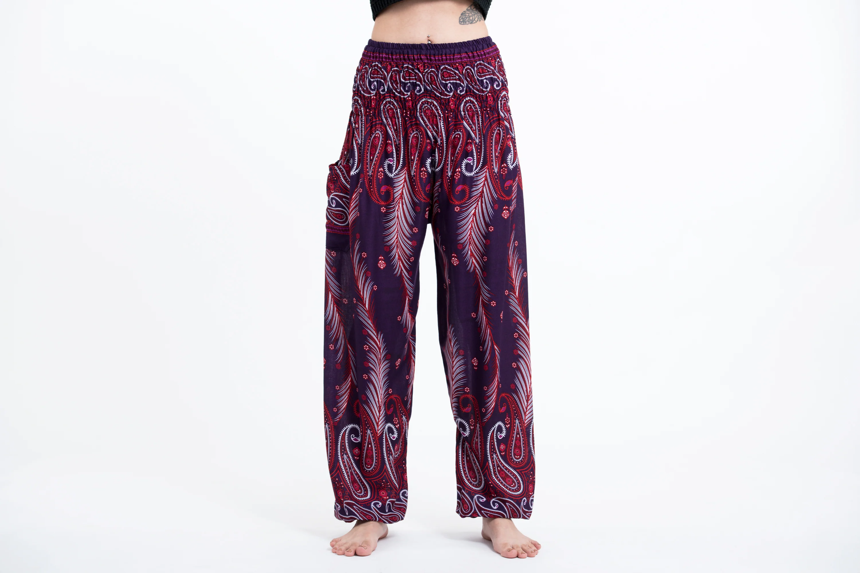 Paisley Feathers Women's Harem Pants in Purple