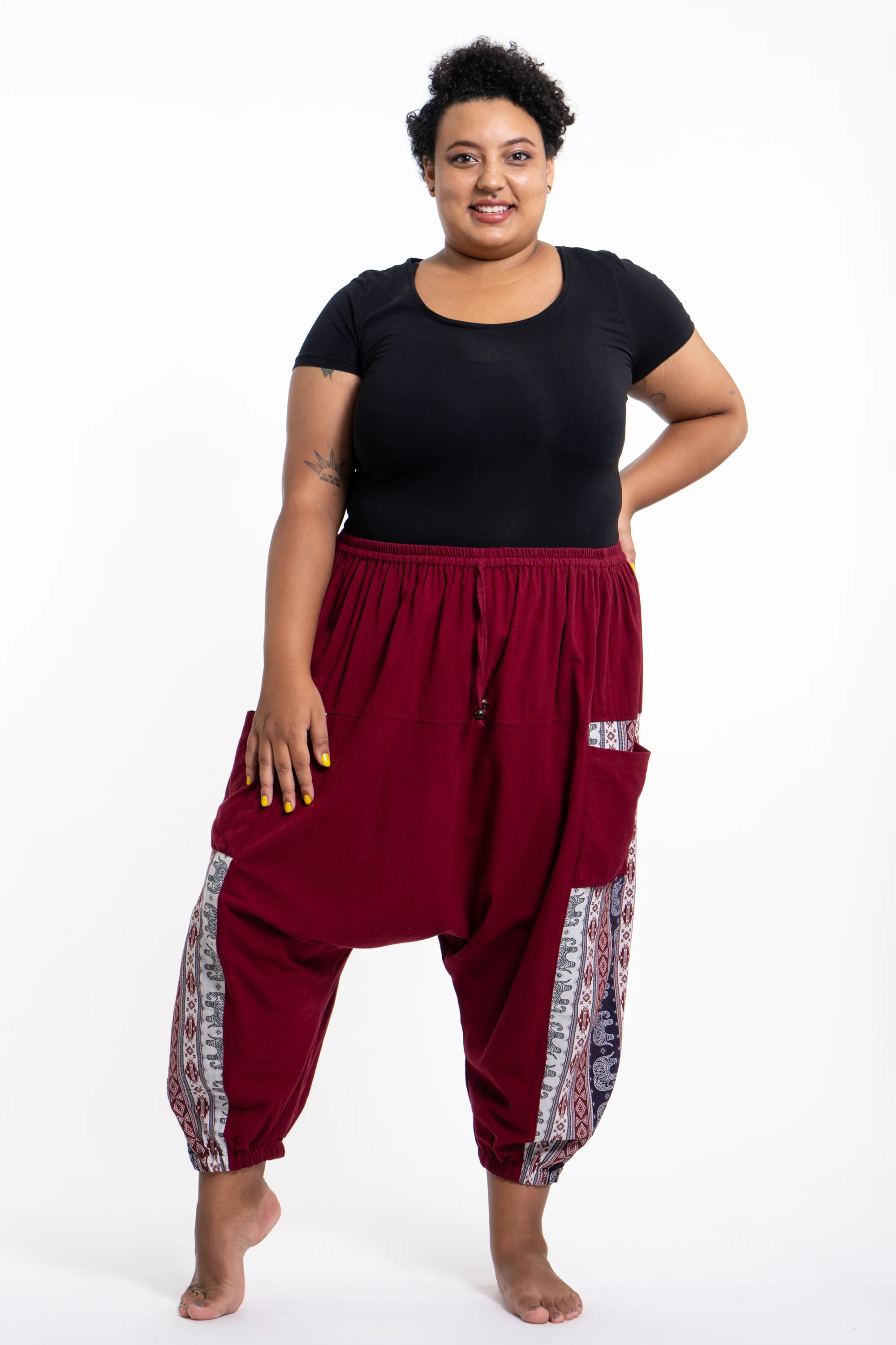 Plus Size Elephant Aztec Cotton Women's Harem Pants in Red