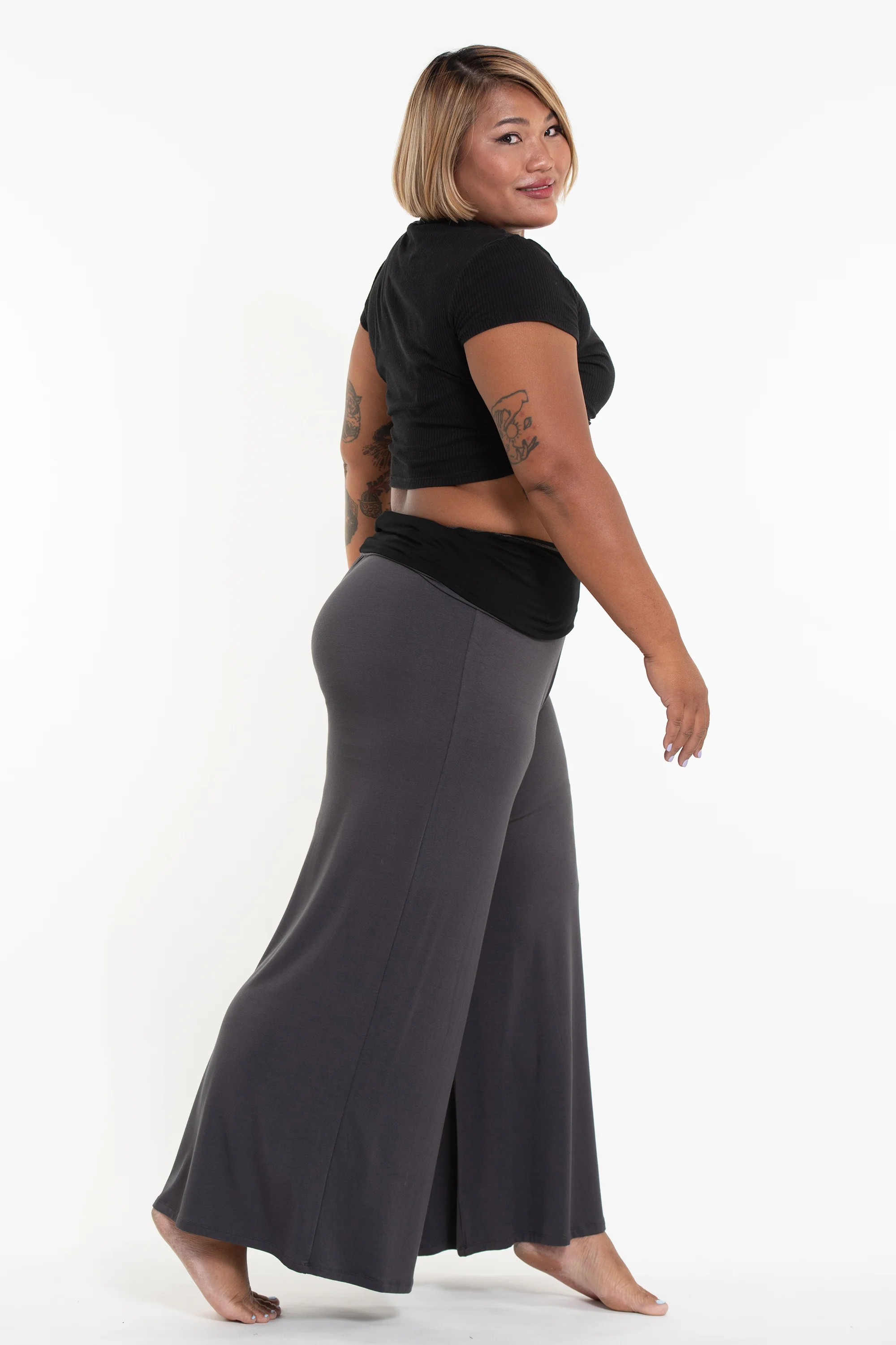 1668-Plus-Size-Wide-Leg-Palazzo-Harem-Pants-Cotton-Spandex-in-Solid-Gray-3.webp Plus Size Wide Leg Palazzo Harem Pants Cotton Spandex in Solid Gray