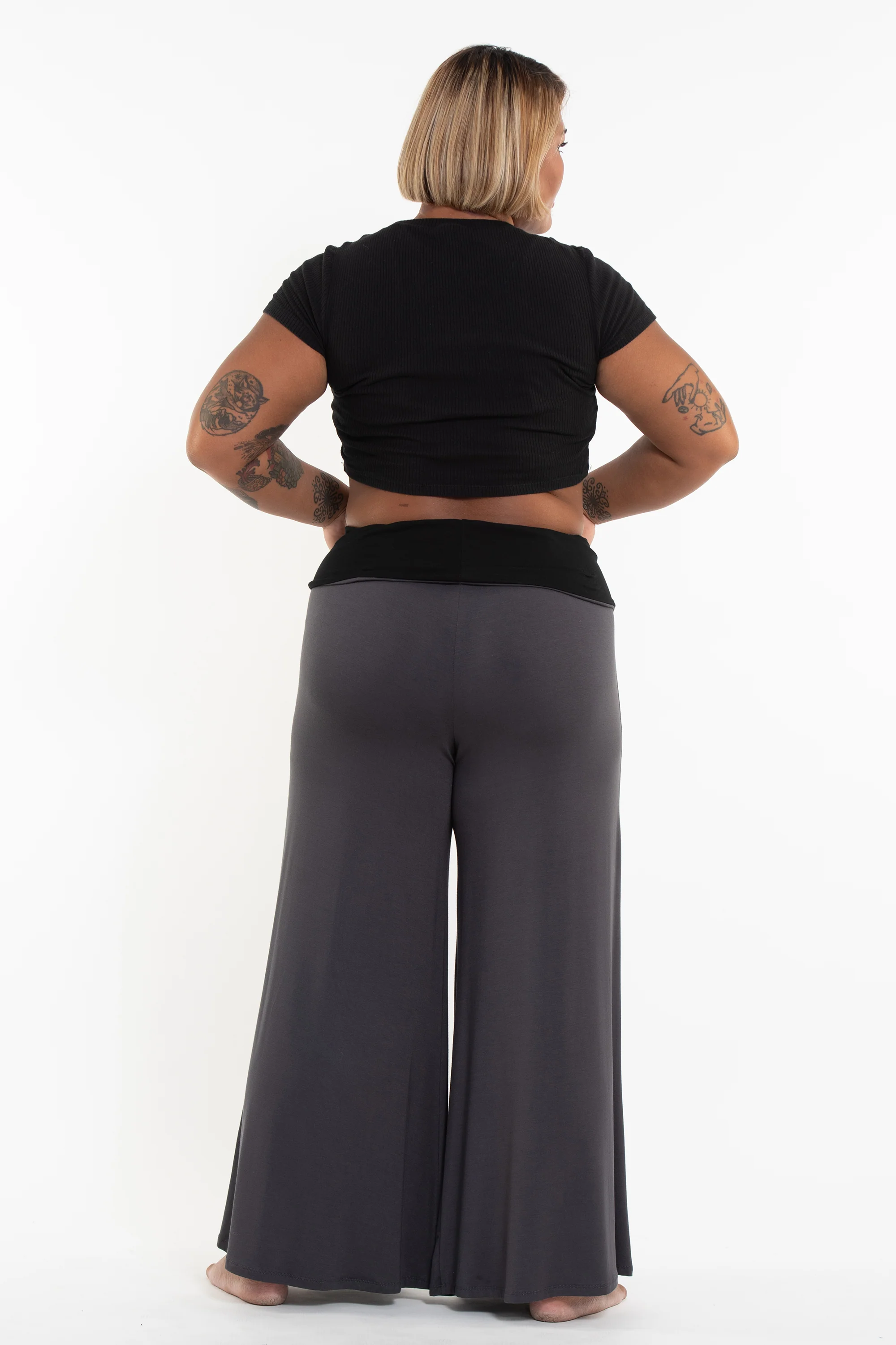 1668-Plus-Size-Wide-Leg-Palazzo-Harem-Pants-Cotton-Spandex-in-Solid-Gray-4.webp Plus Size Wide Leg Palazzo Harem Pants Cotton Spandex in Solid Gray