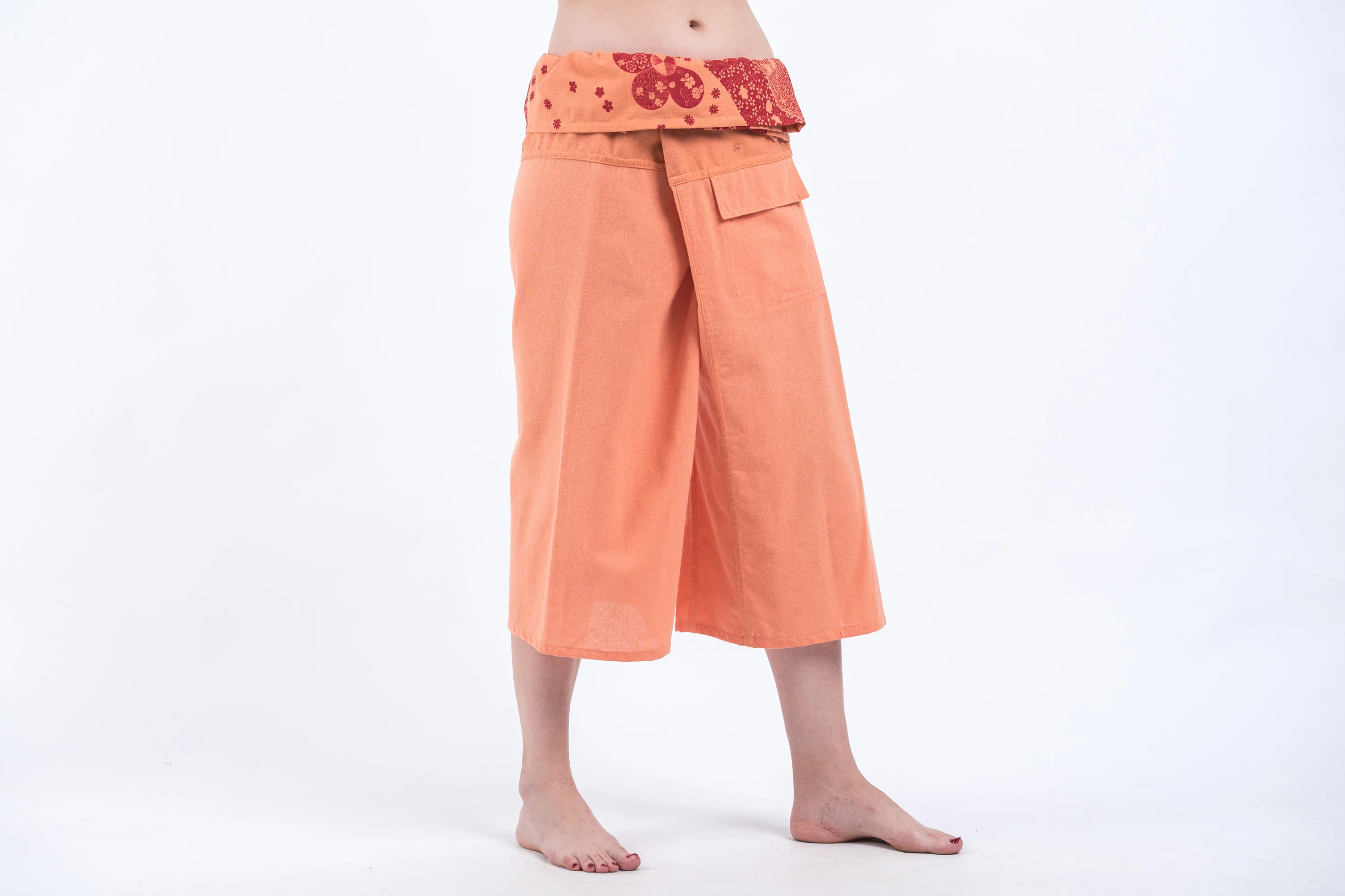 Women's Cropped Fisherman Pants with Pattern Waist Band in Light Orange