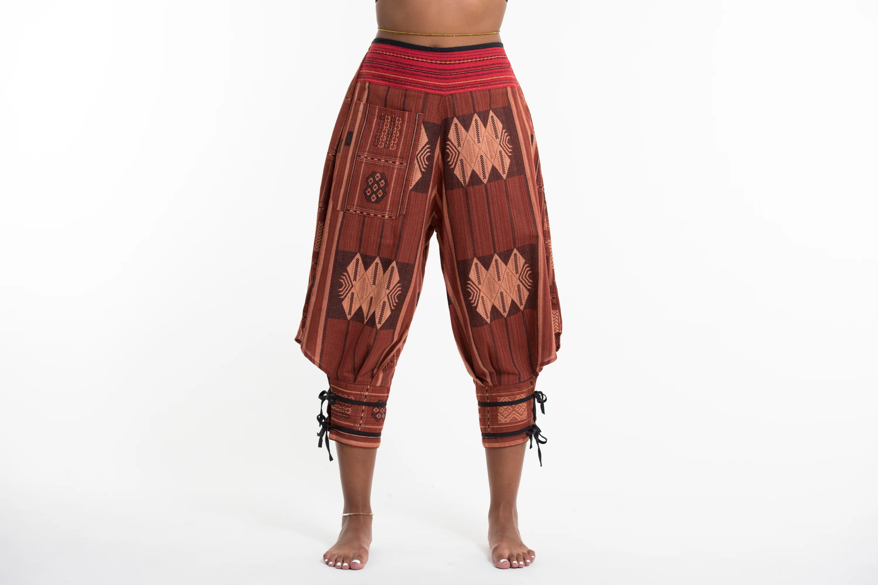 1682-Thai-Hill-Tribe-Fabric-Women-Harem-Pants-with-Ankle-Straps-in-Brick-Orange-3.webp Thai Hill Tribe Fabric Women Harem Pants with Ankle Straps in Brick Orange