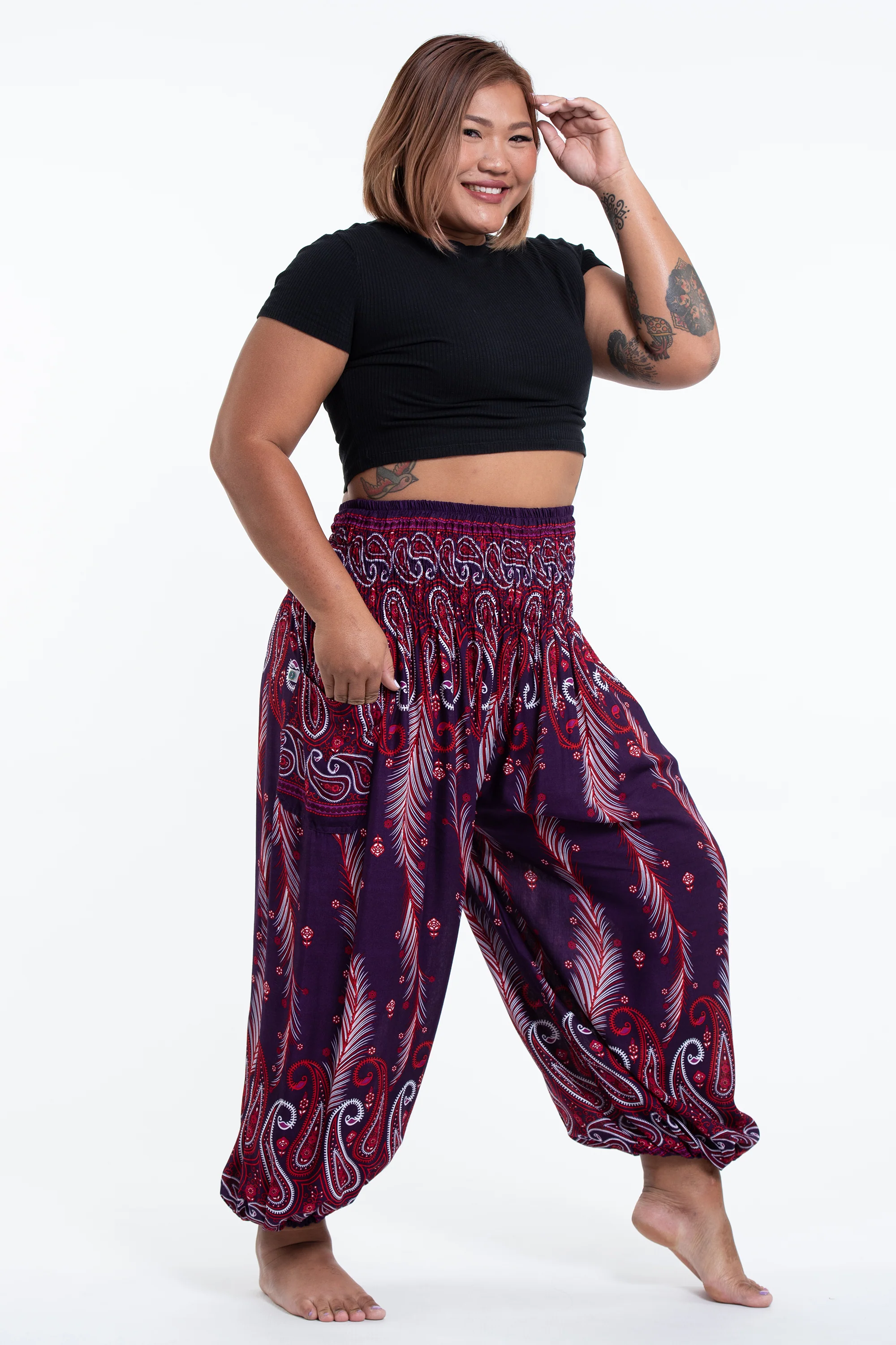1683-Plus-Size-Paisley-Feathers-Women-s-Harem-Pants-in-Purple-3.webp Plus Size Paisley Feathers Women's Harem Pants in Purple