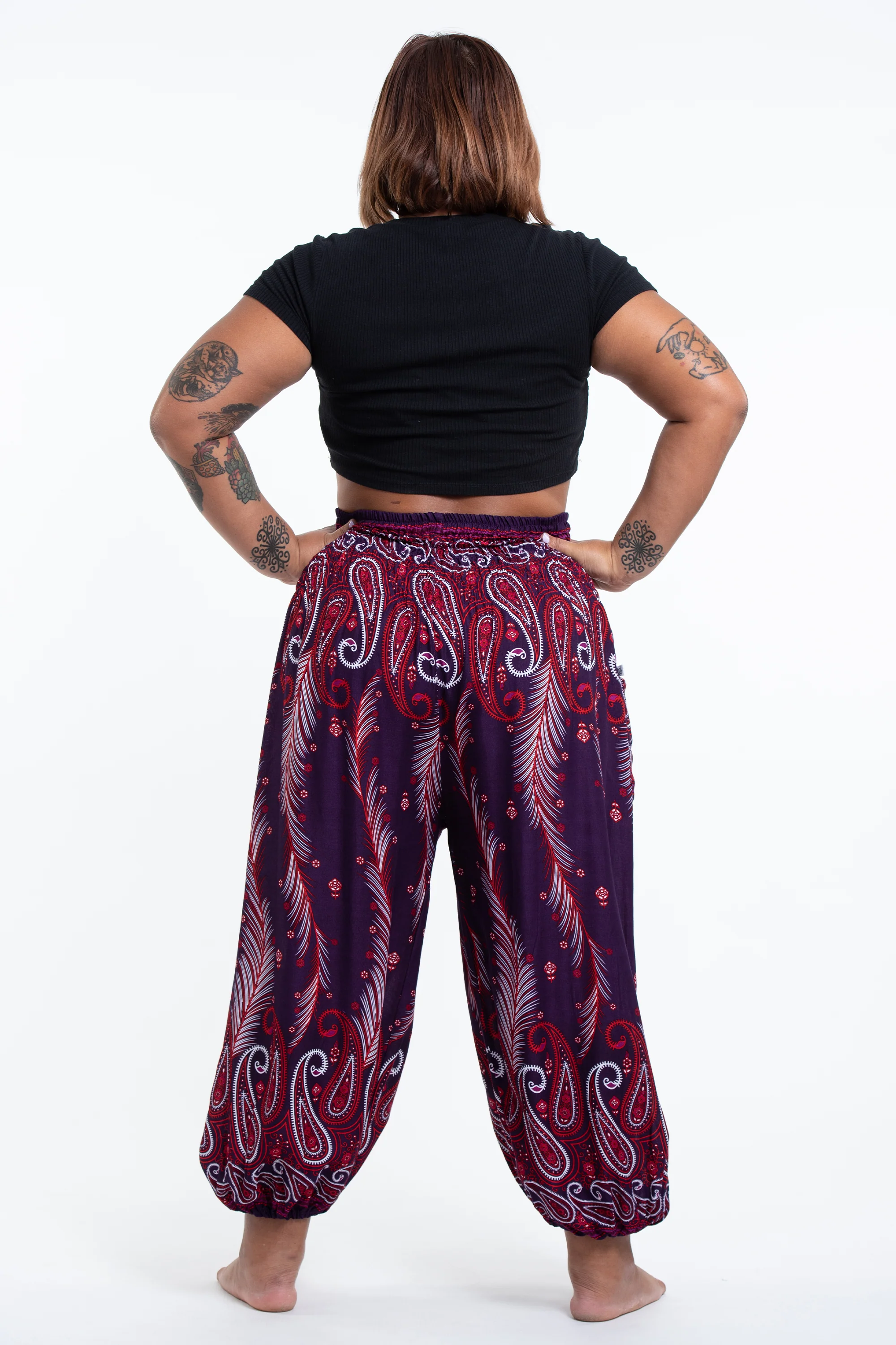 1683-Plus-Size-Paisley-Feathers-Women-s-Harem-Pants-in-Purple-4.webp Plus Size Paisley Feathers Women's Harem Pants in Purple