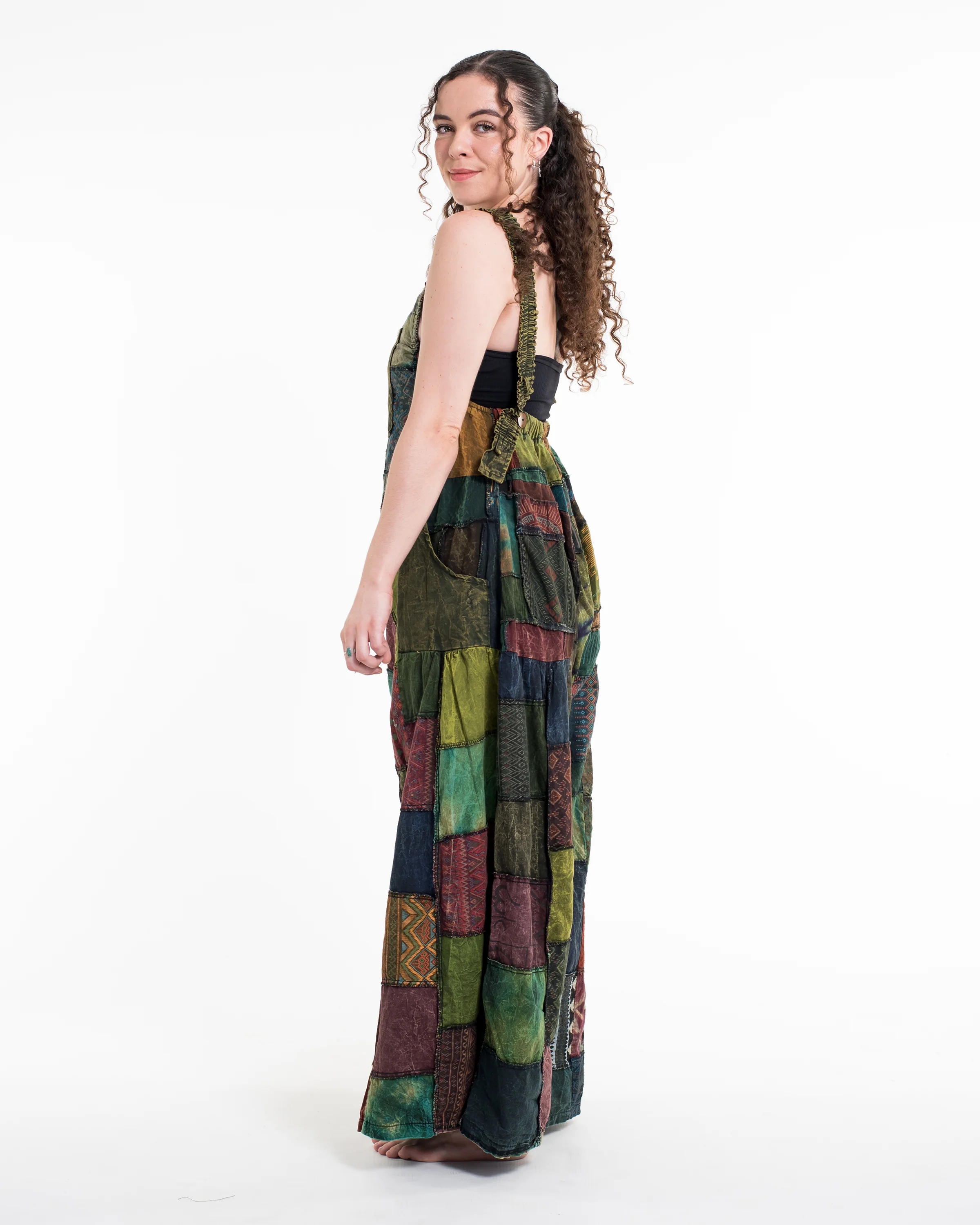 Patchwork Stonewash Overall in Multi Green