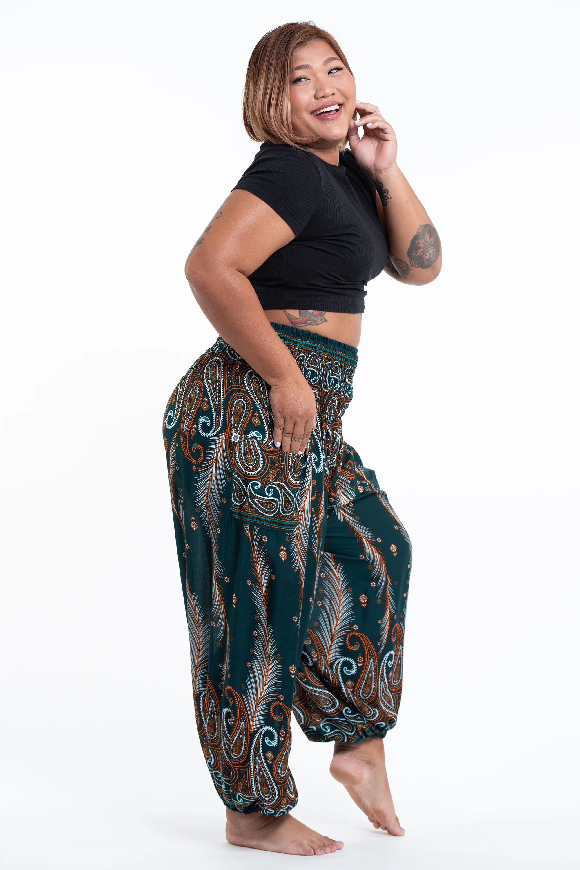 1688-Plus-Size-Paisley-Feathers-Women-s-Harem-Pants-in-Green-3.webp Plus Size Paisley Feathers Women's Harem Pants in Green