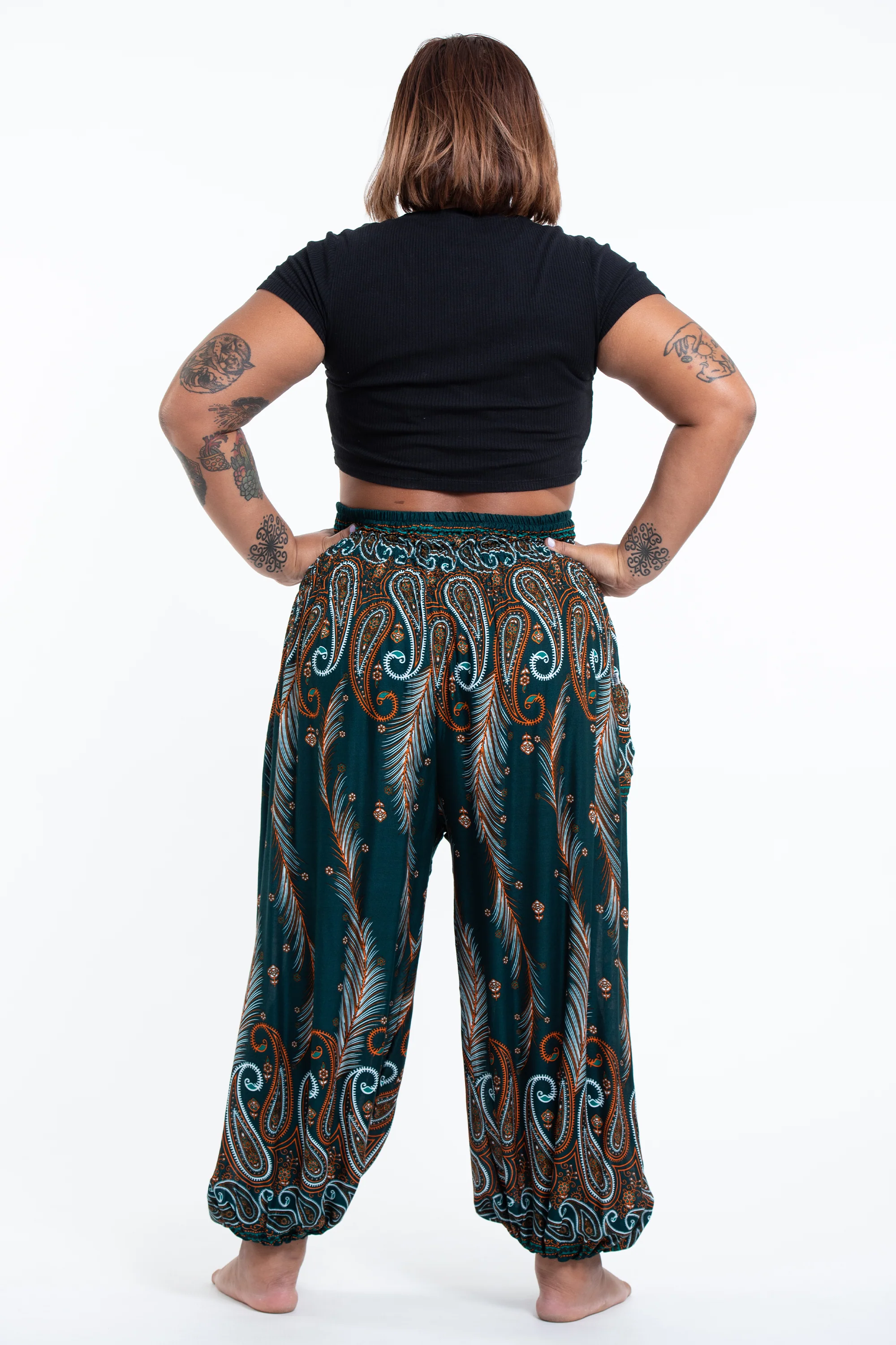 1688-Plus-Size-Paisley-Feathers-Women-s-Harem-Pants-in-Green-4.webp Plus Size Paisley Feathers Women's Harem Pants in Green