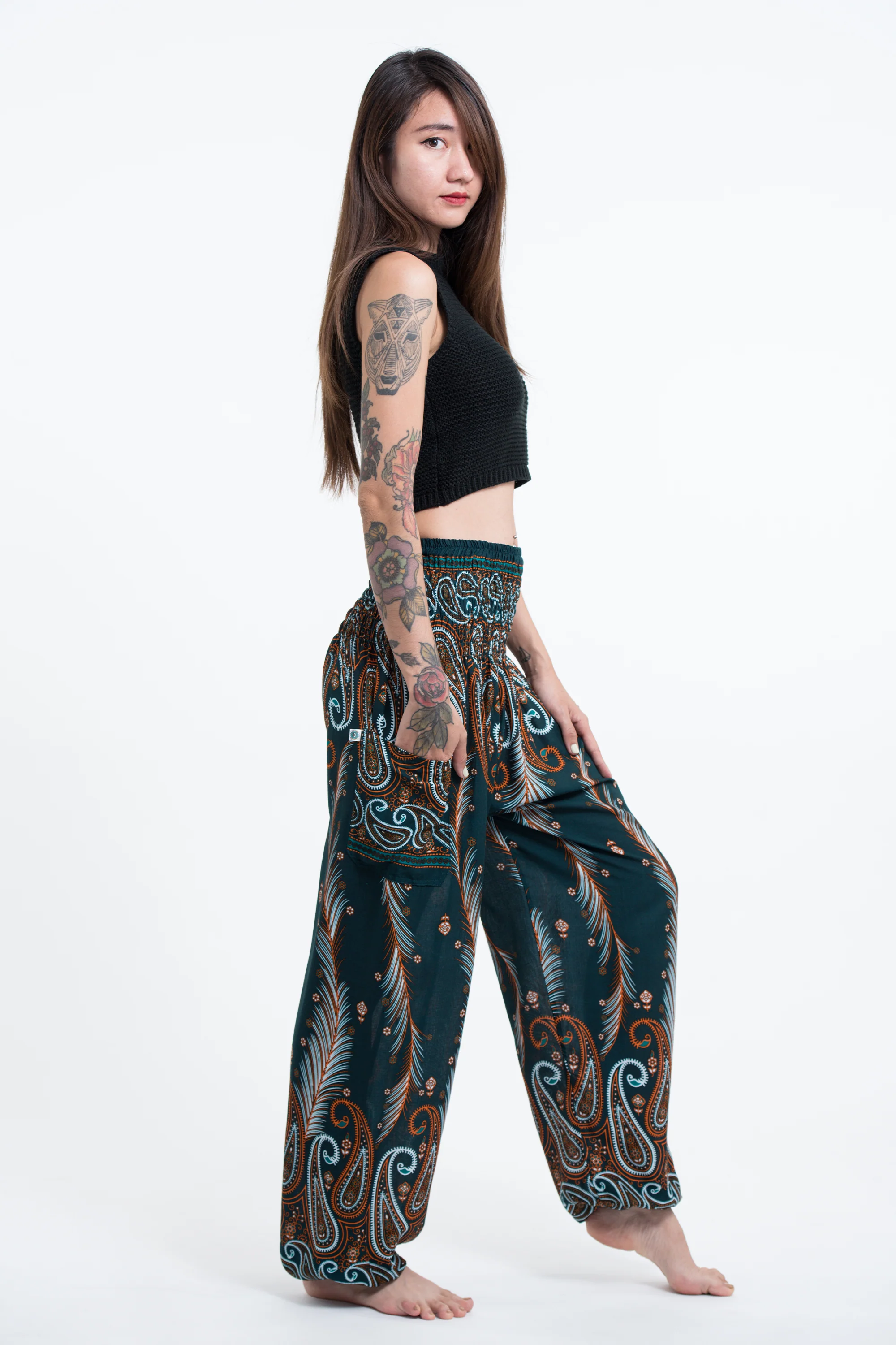 1689-Paisley-Feathers-Women-s-Harem-Pants-in-Green-3.webp Paisley Feathers Women's Harem Pants in Green